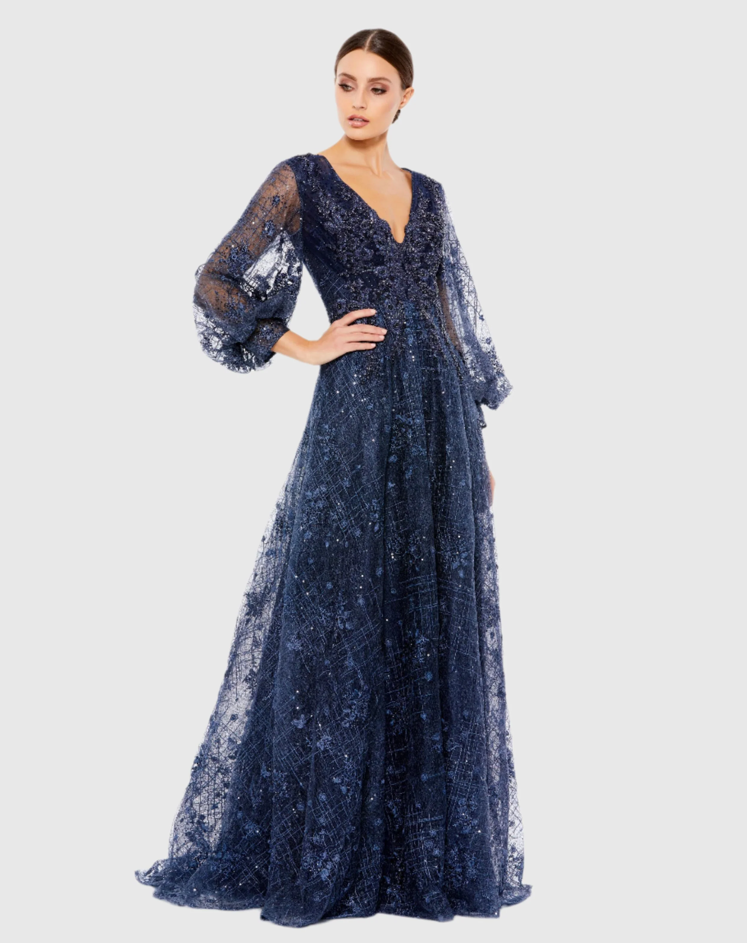 Stitched V-Neck Puff Sleeve A Line Dress