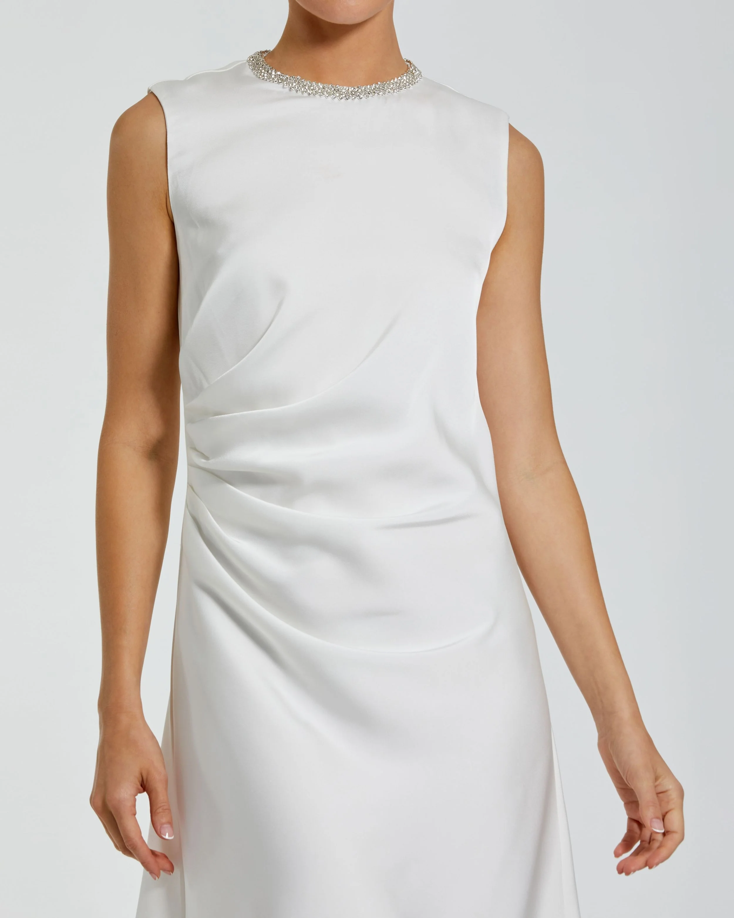 White Rhinestone Neckline Draped Mini Dress