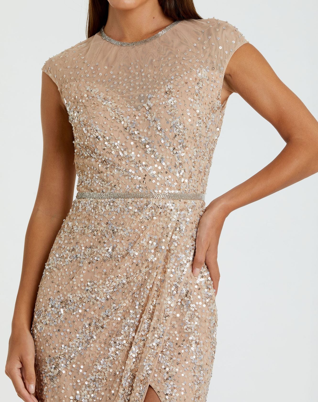 Beige Decorated High Neck Cap Sleeve Dress