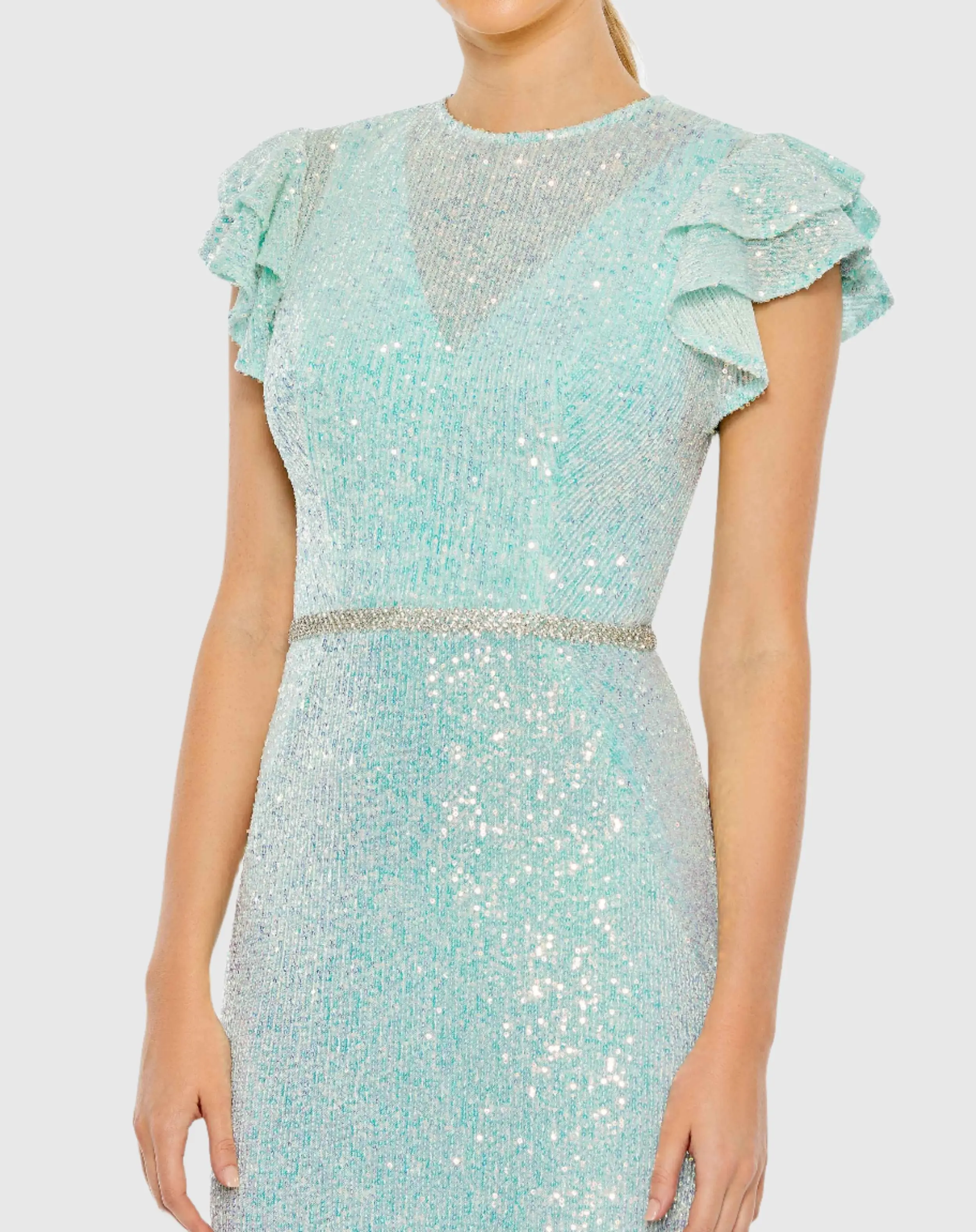 Shiny High Neck Flowy Sleeve Mermaid Gown