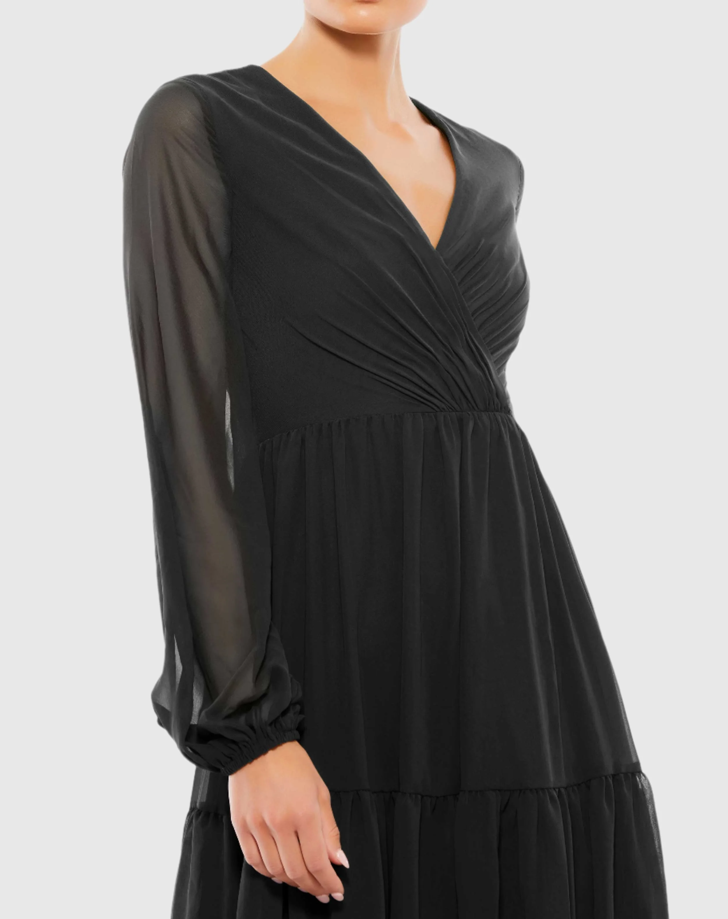 Black Ruched V Neck Tiered Midi Dress