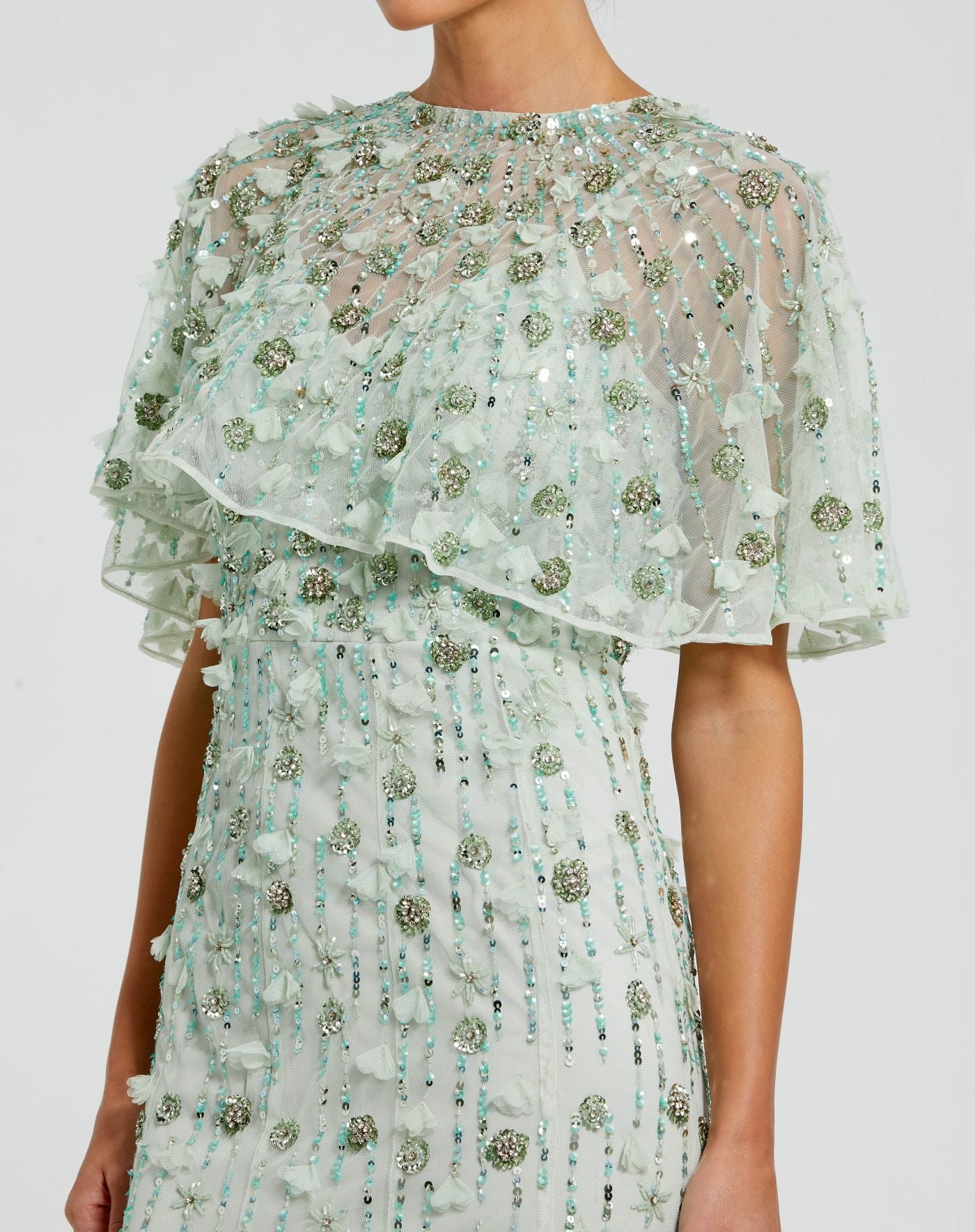 Studded Fabric Gown with Cape Sleeves