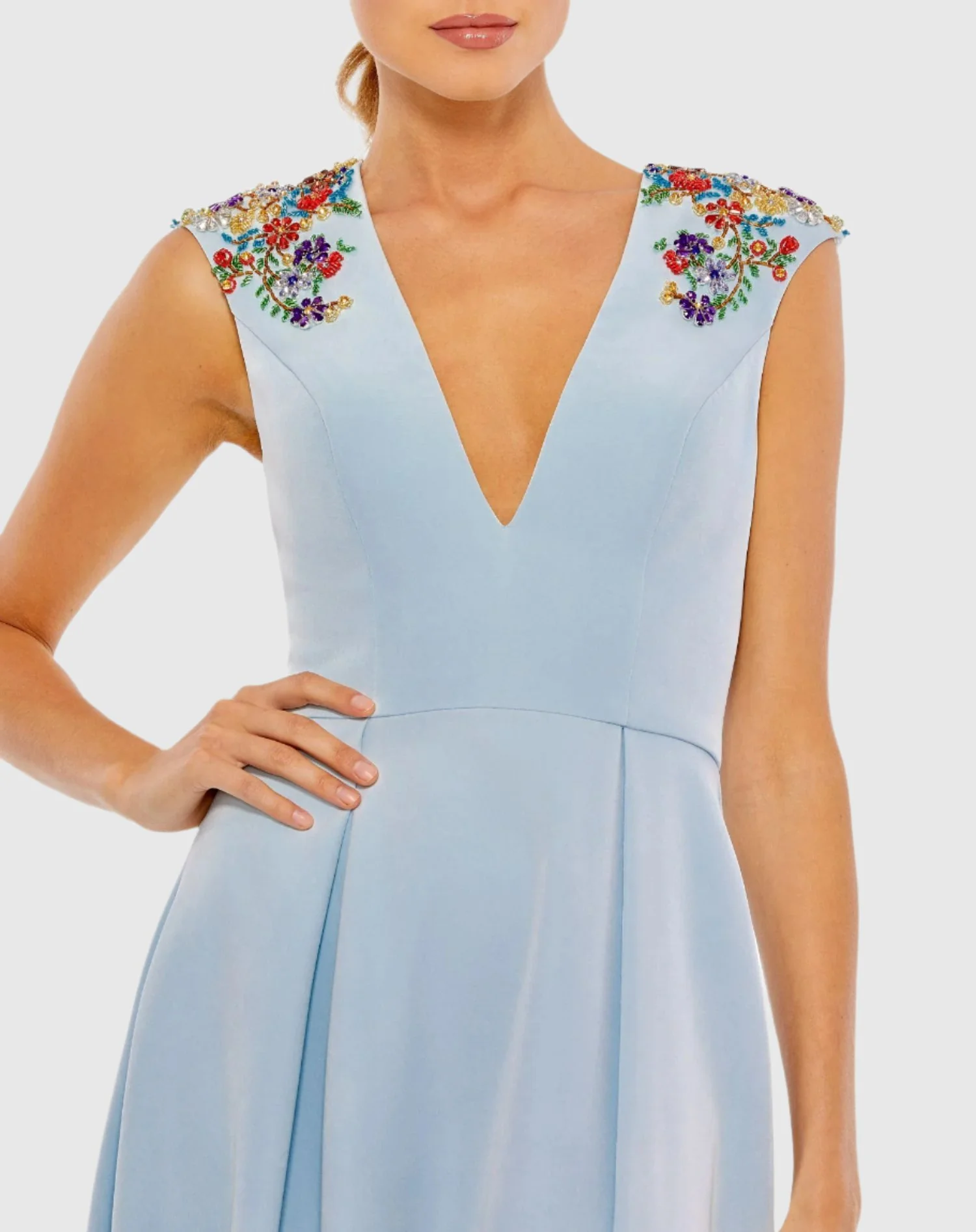 Blue Beaded Cap Sleeve V Neck A Line Gown