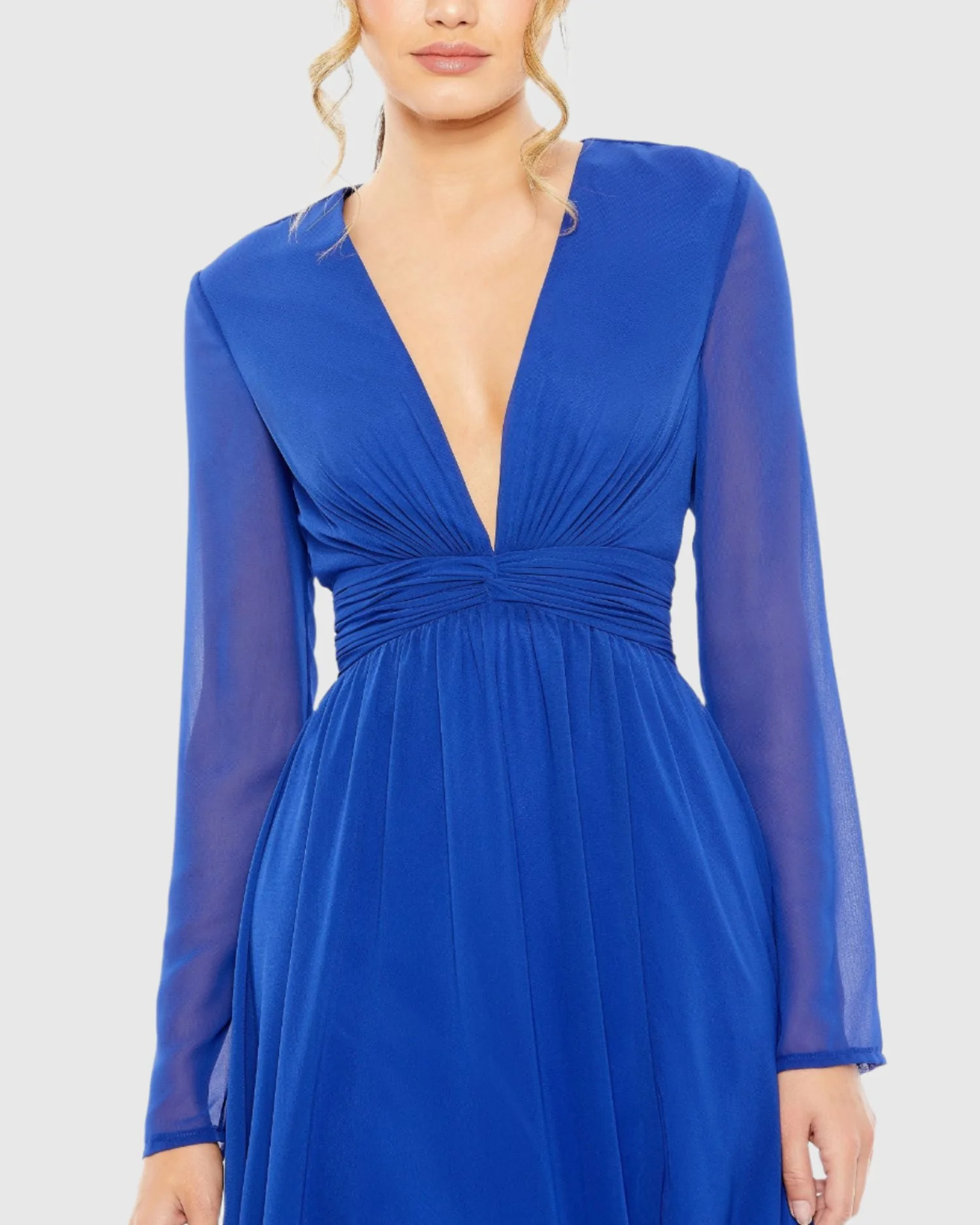 Blue V Neck Front Twist Long Sleeve Gown