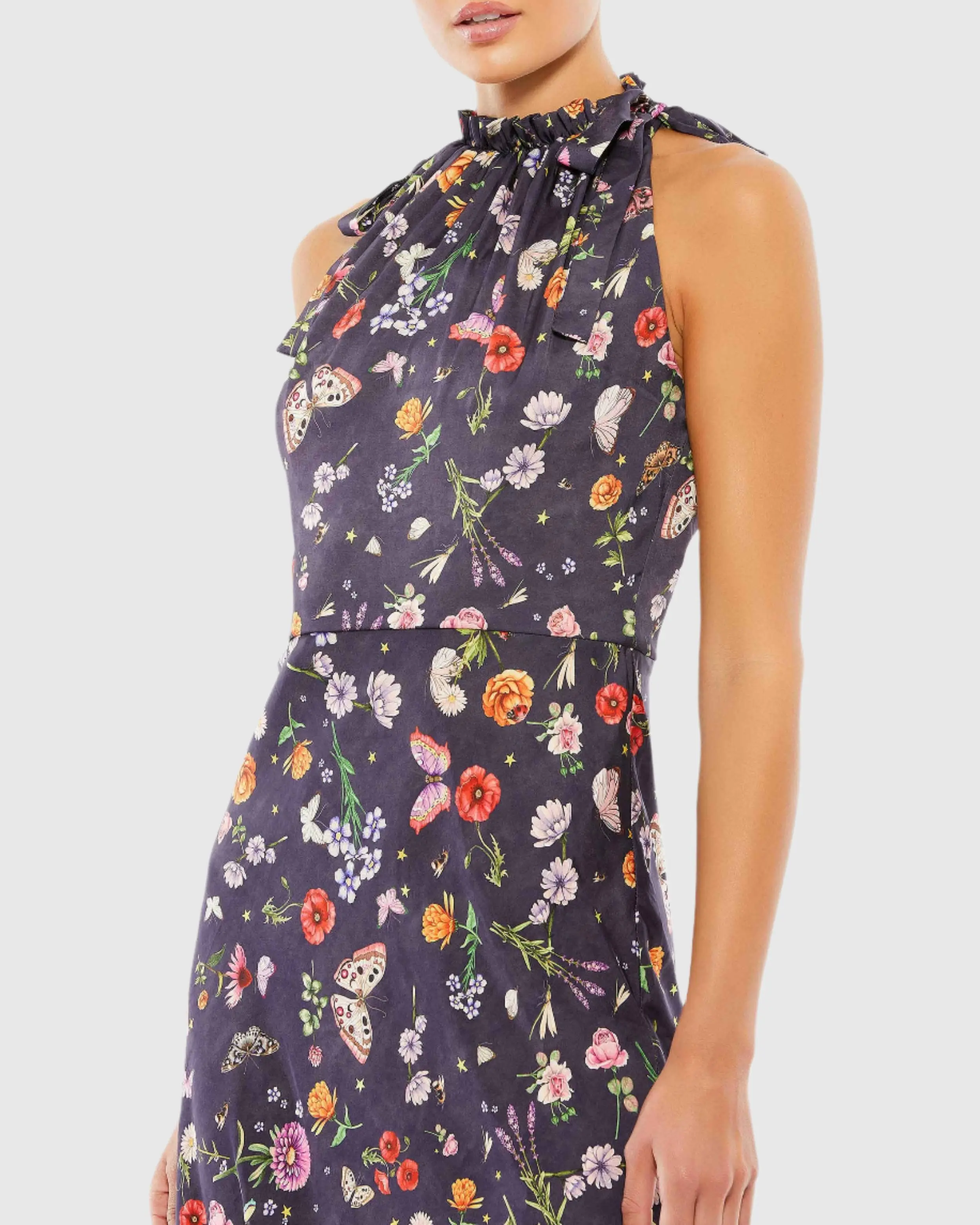 Pink Floral Print Tie Neck Midi Dress