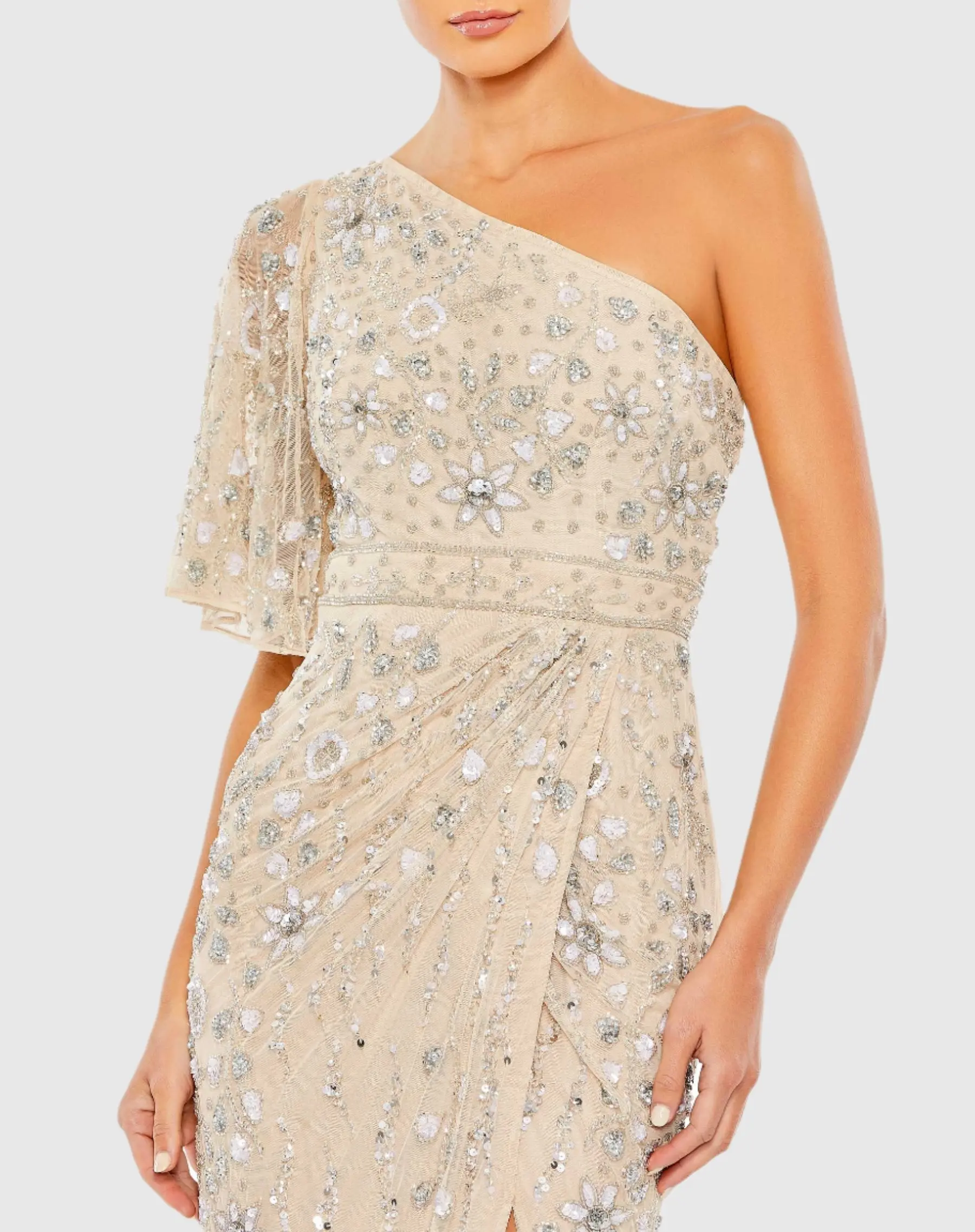 Beige Embellished One Shoulder Draped Gown