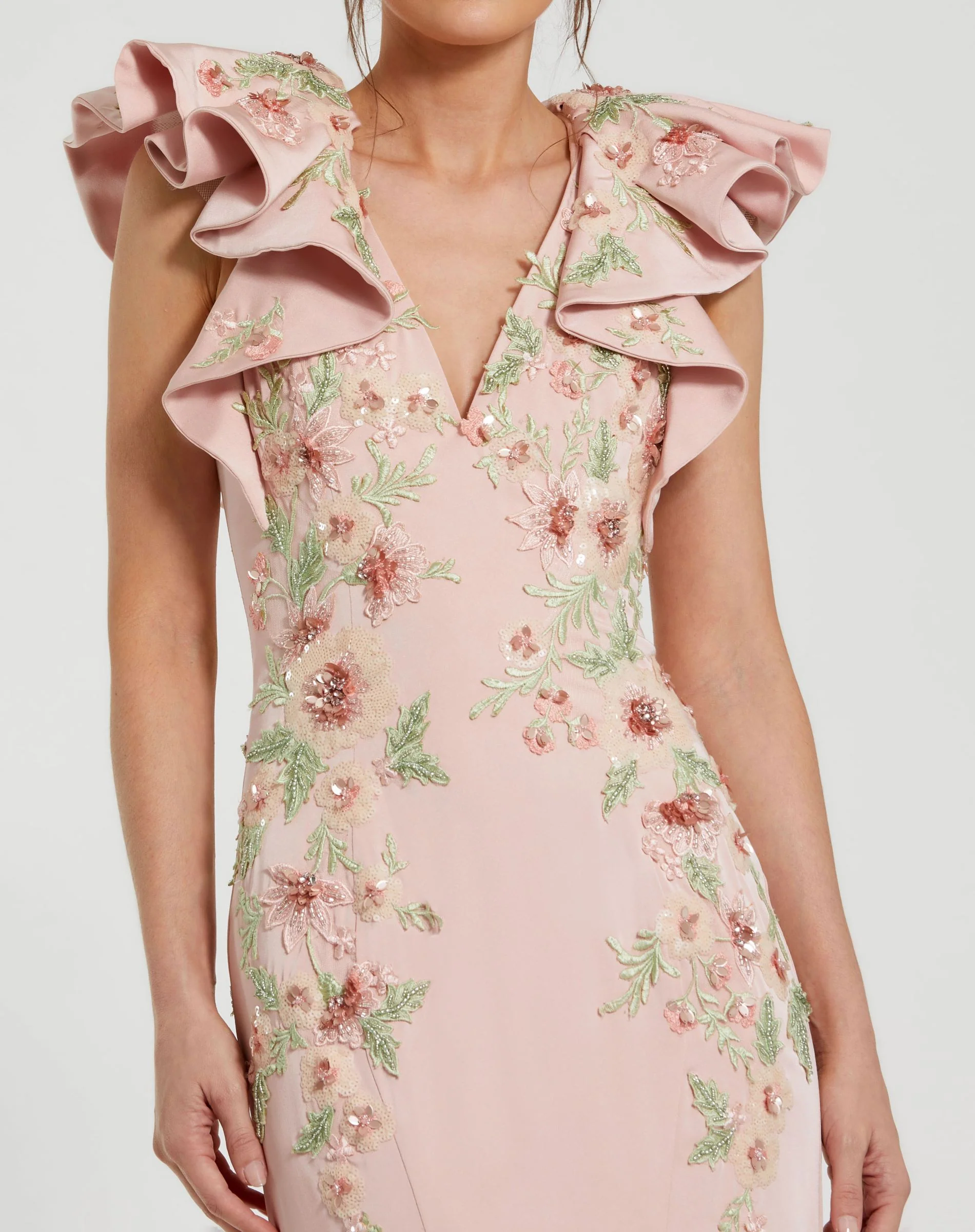 Pink Flutter Sleeve Decorated Mermaid Dress