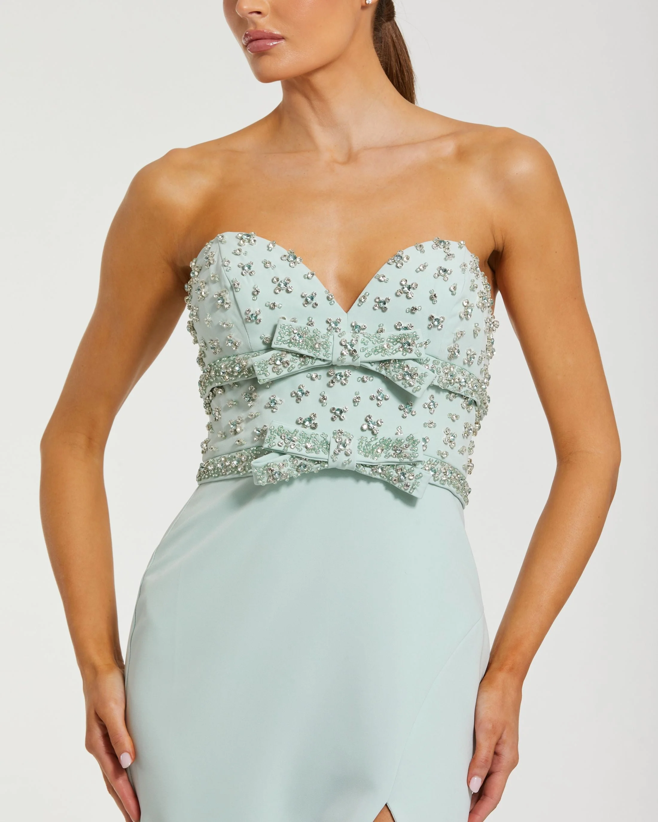 Green Strapless Rhinestone Bodice Crepe Gown