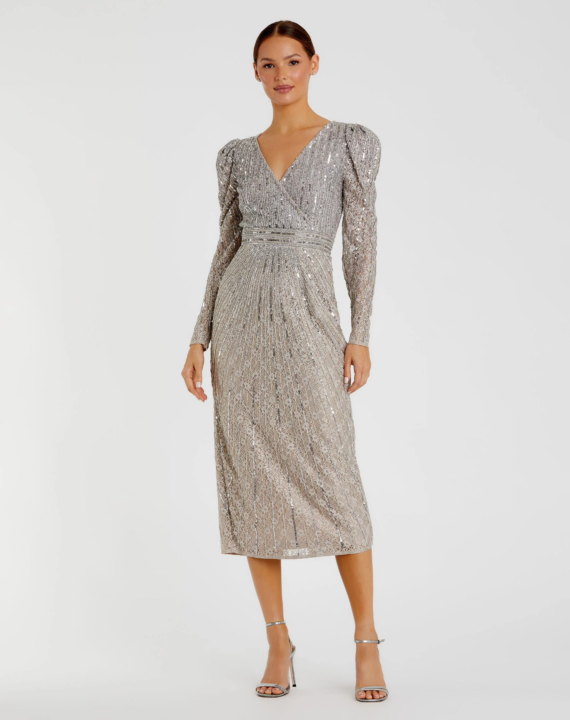 Gray Beaded Lace Midi Dress