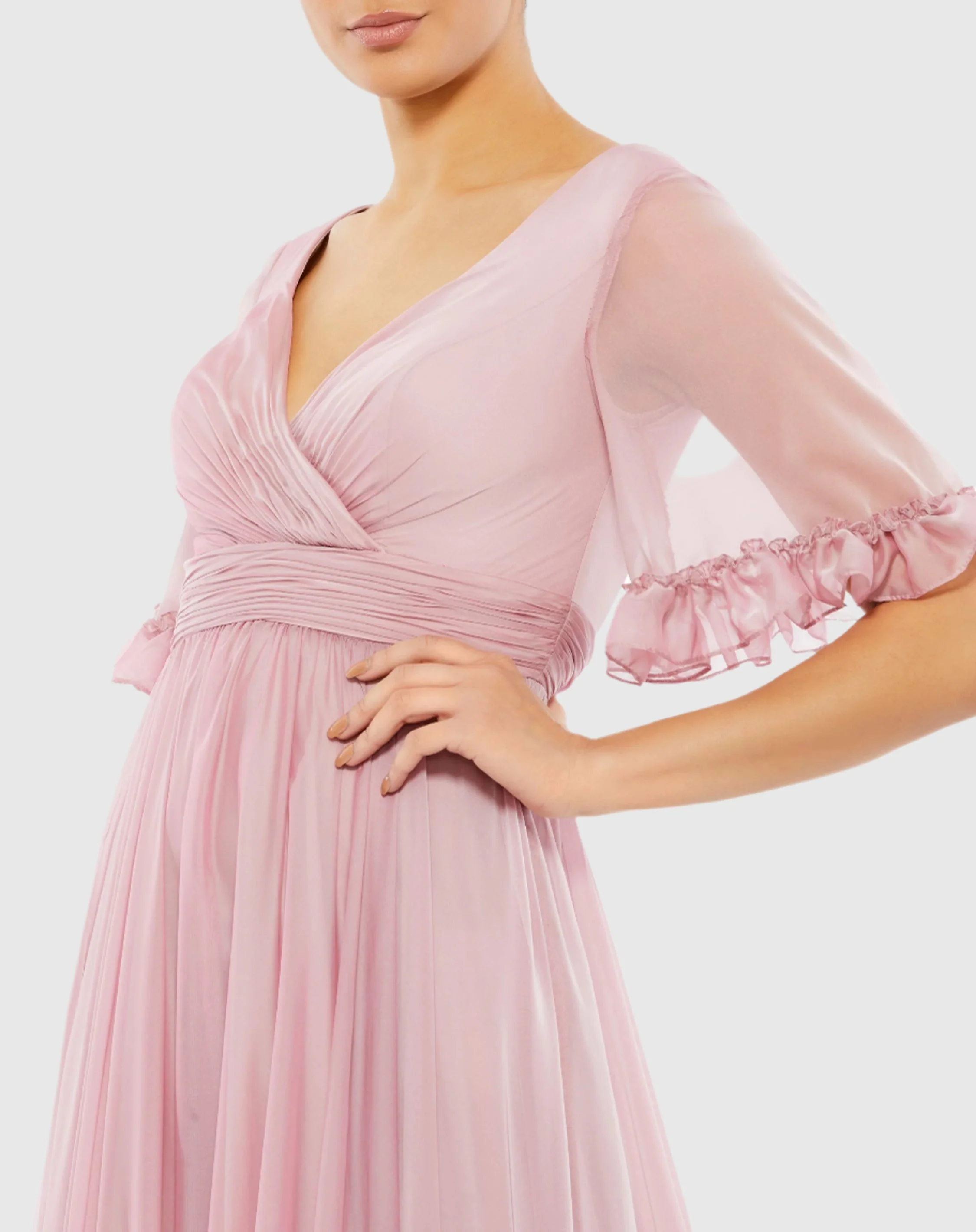 Floral Ruffle Trimmed Sleeve Wrap Over Gown