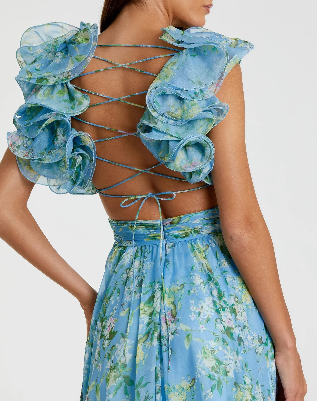 Ruffle Tiered Floral Cut Out Chiffon Gown