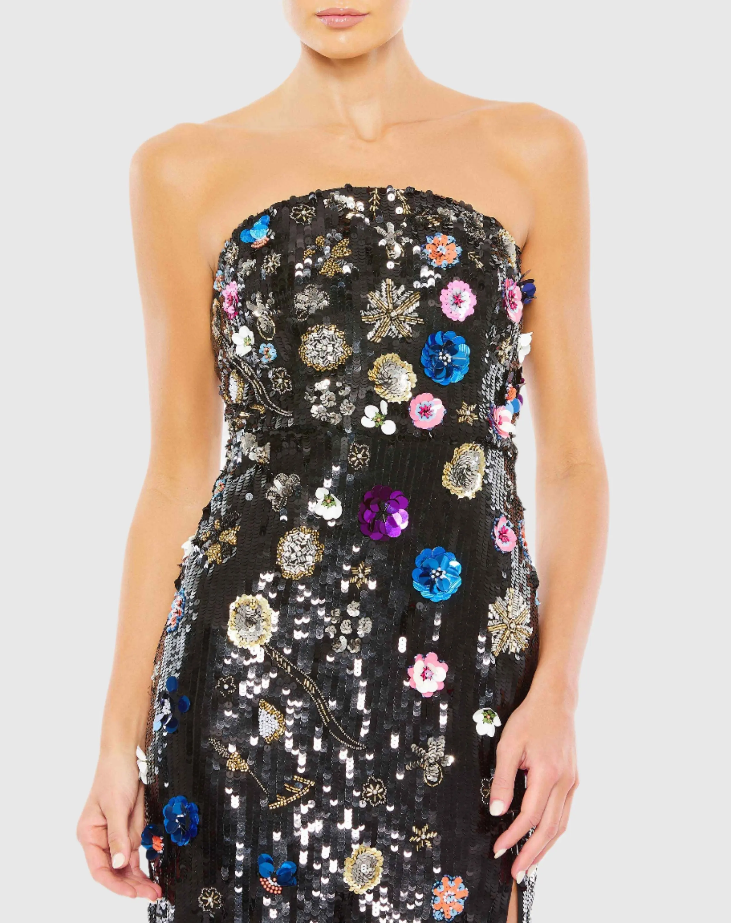 Floral Sequined Strapless Gown