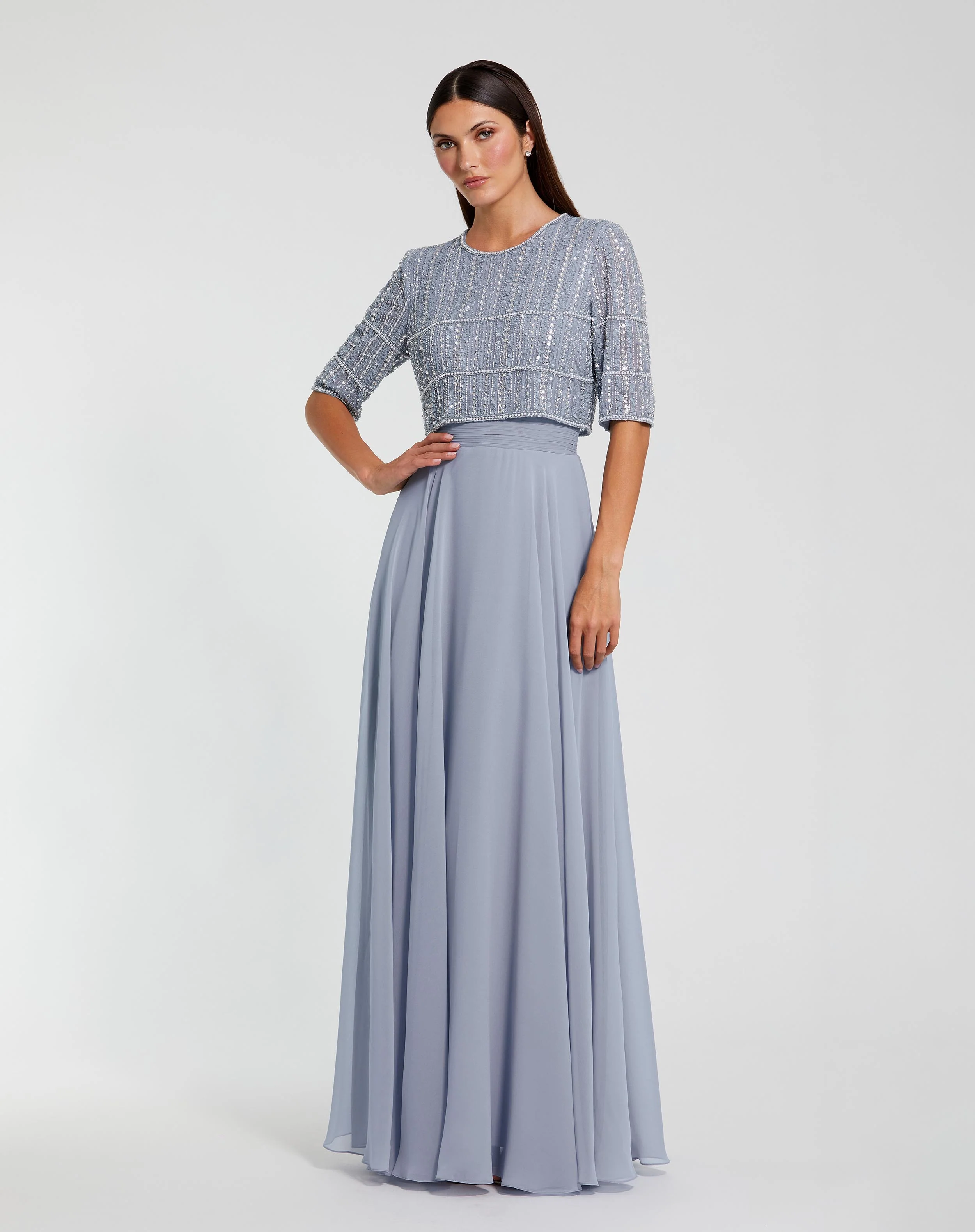 Gown with Beaded 3/4 Sleeve Top