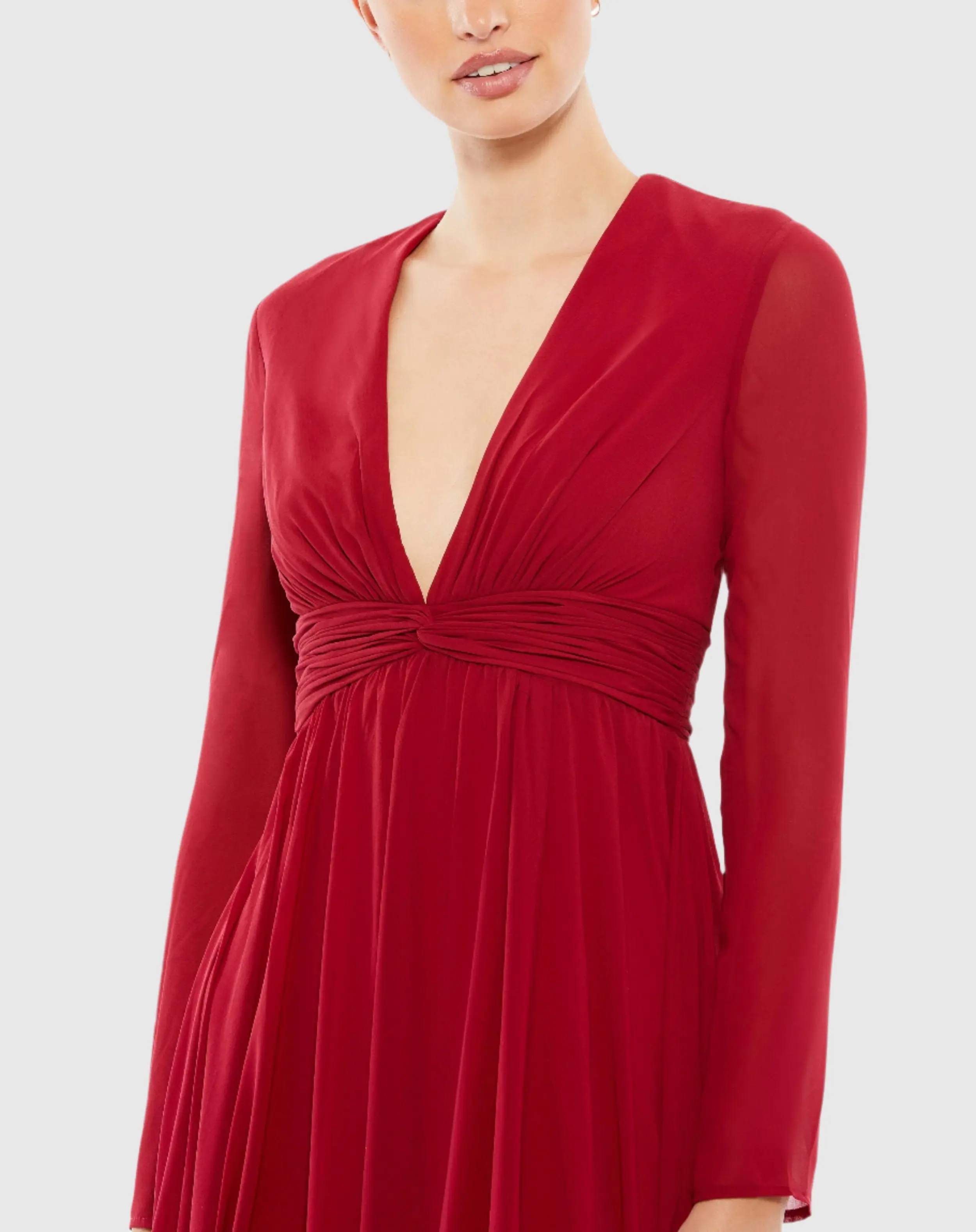 Red V Neck Front Twist Long Sleeve Gown