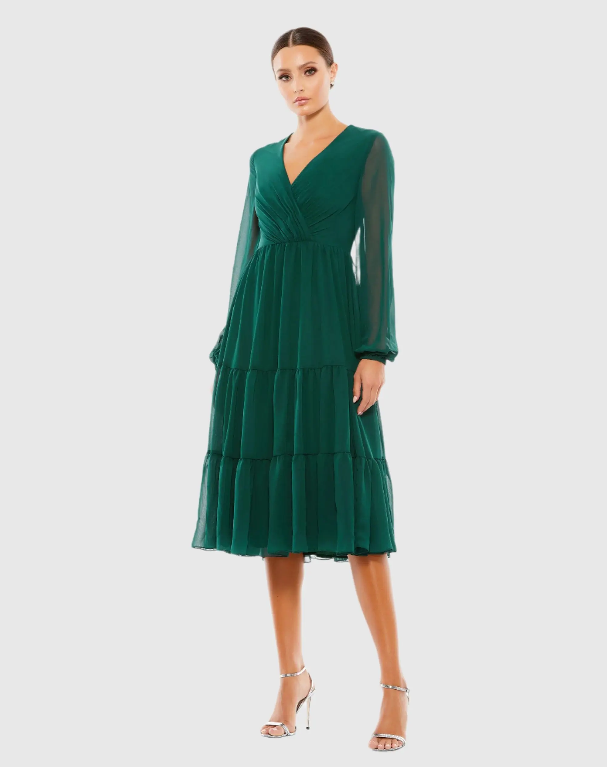 Ruched V Neck Tiered Midi Dress