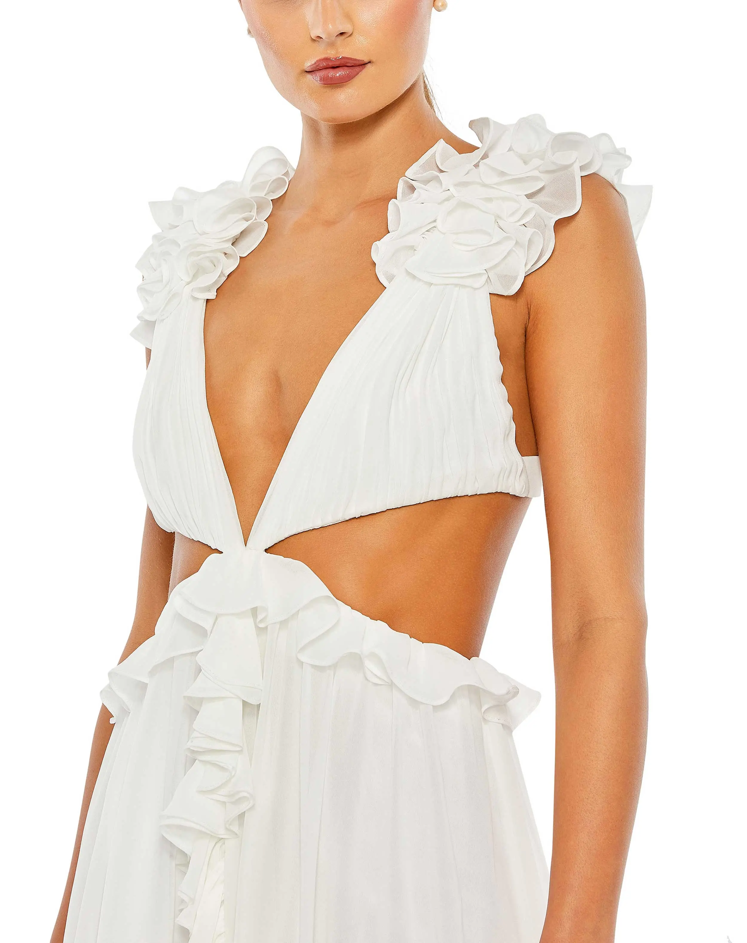 White Ruffled Cut Out V Neck Mini Dress