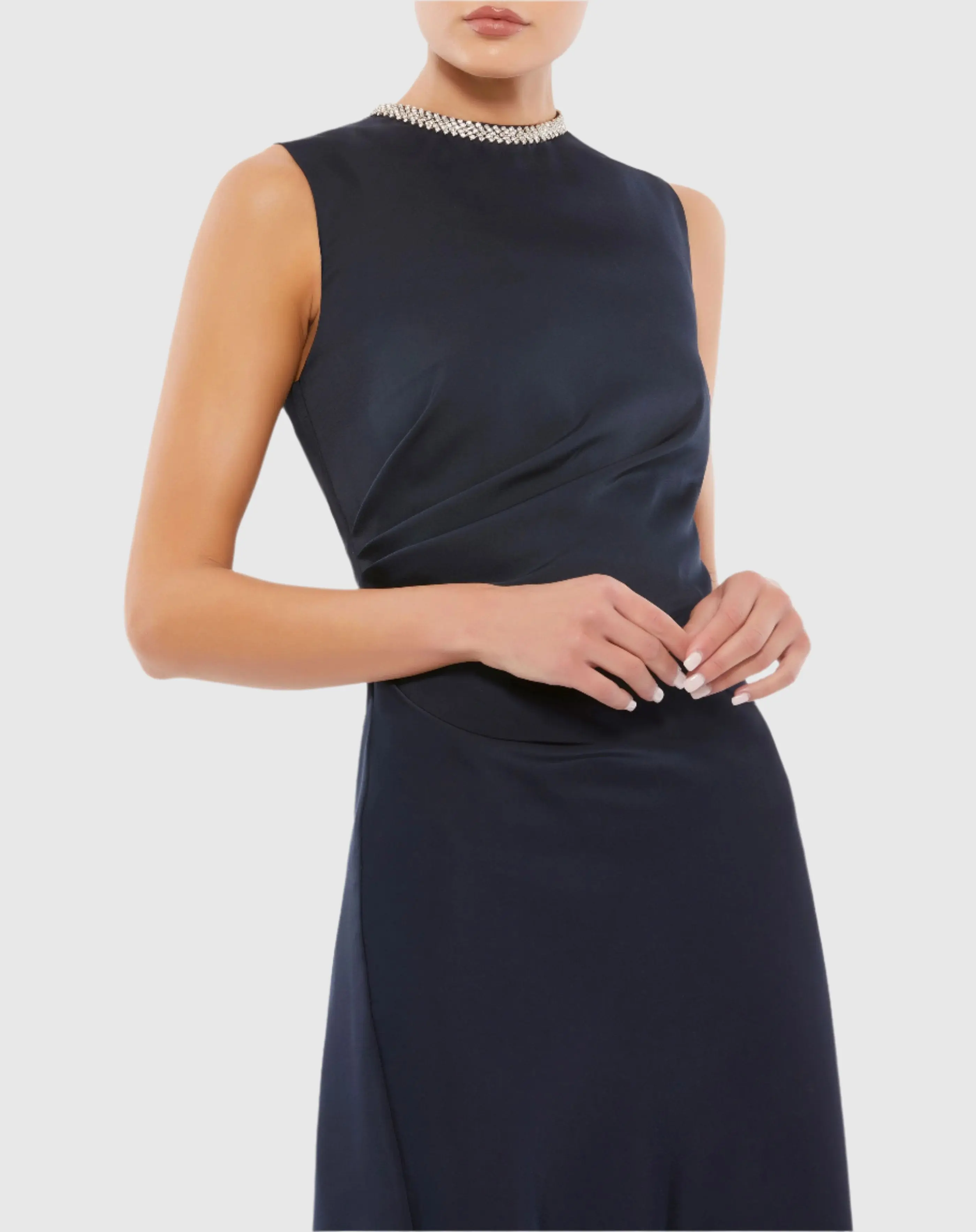 Navy Rhinestone Neckline Draped Mini Dress
