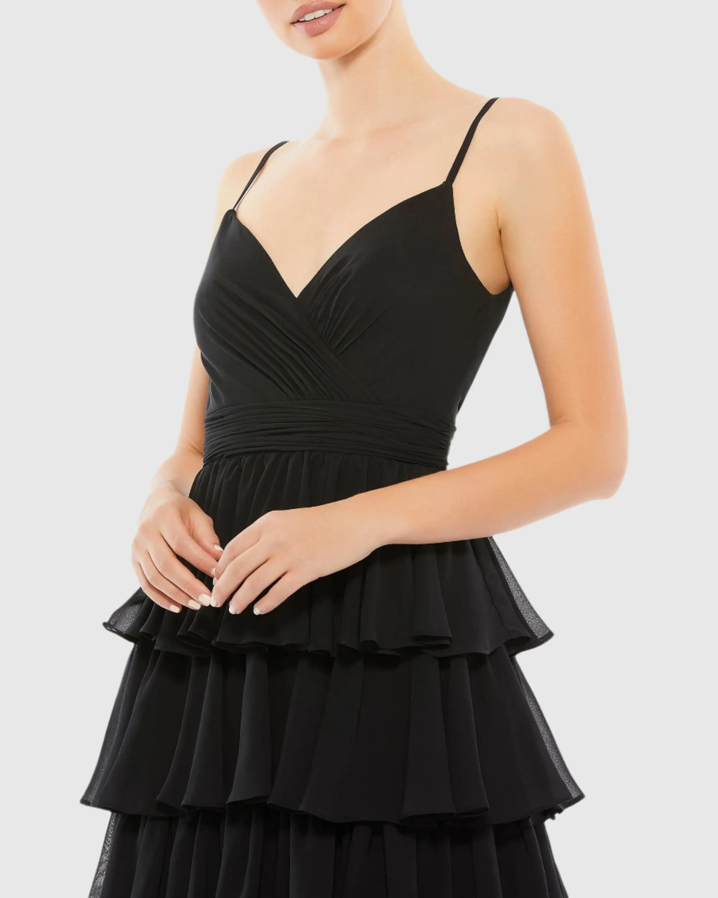 Black Ruffle Layered V Neck Midi Dress