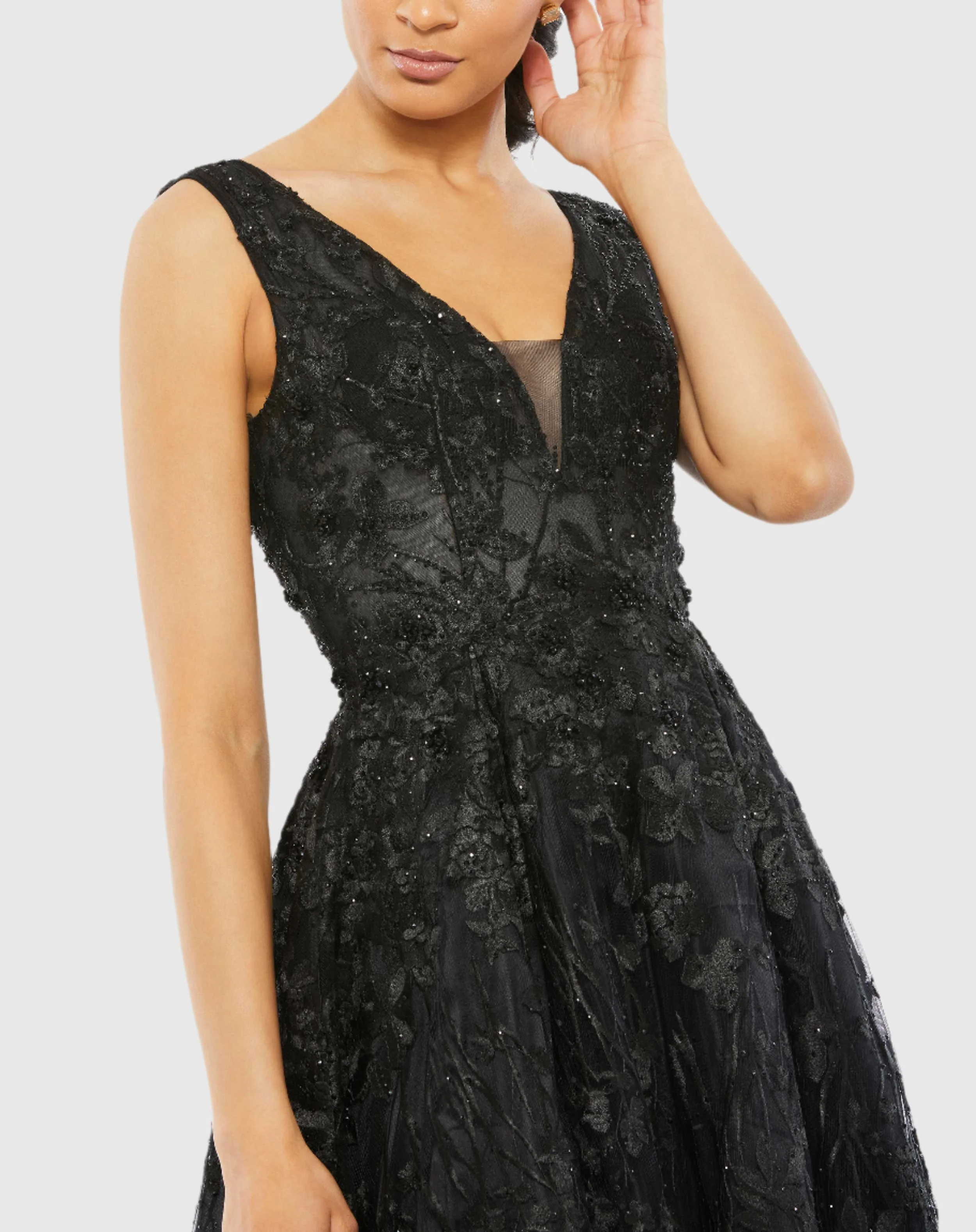 Floral Embroidered Illusion V Neck Gown