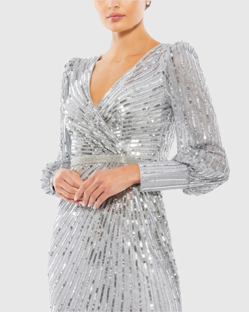 Shiny Fabric Wrap Over Long Sleeve Dress