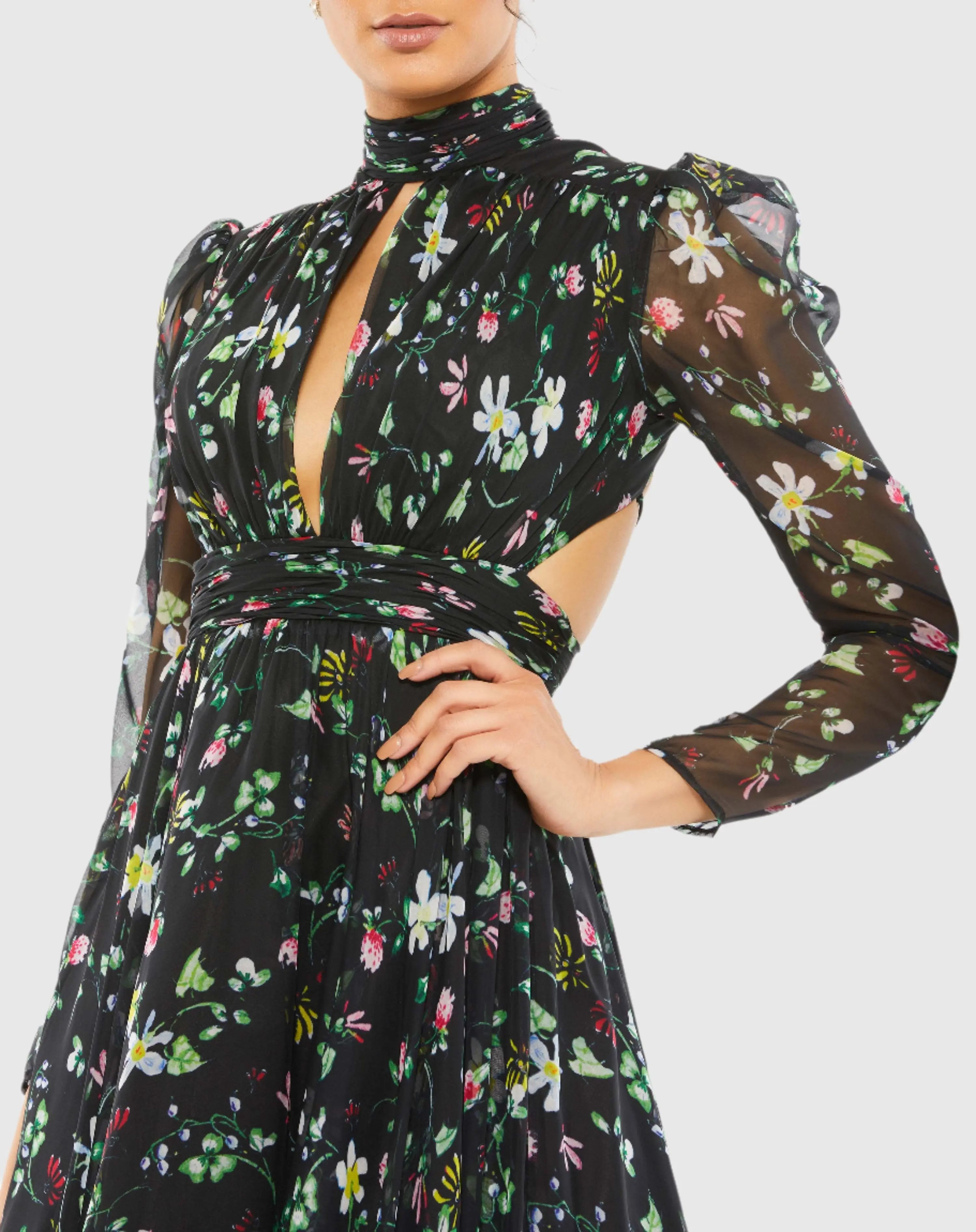 Floral Print High Neck Puff Sleeve Dress