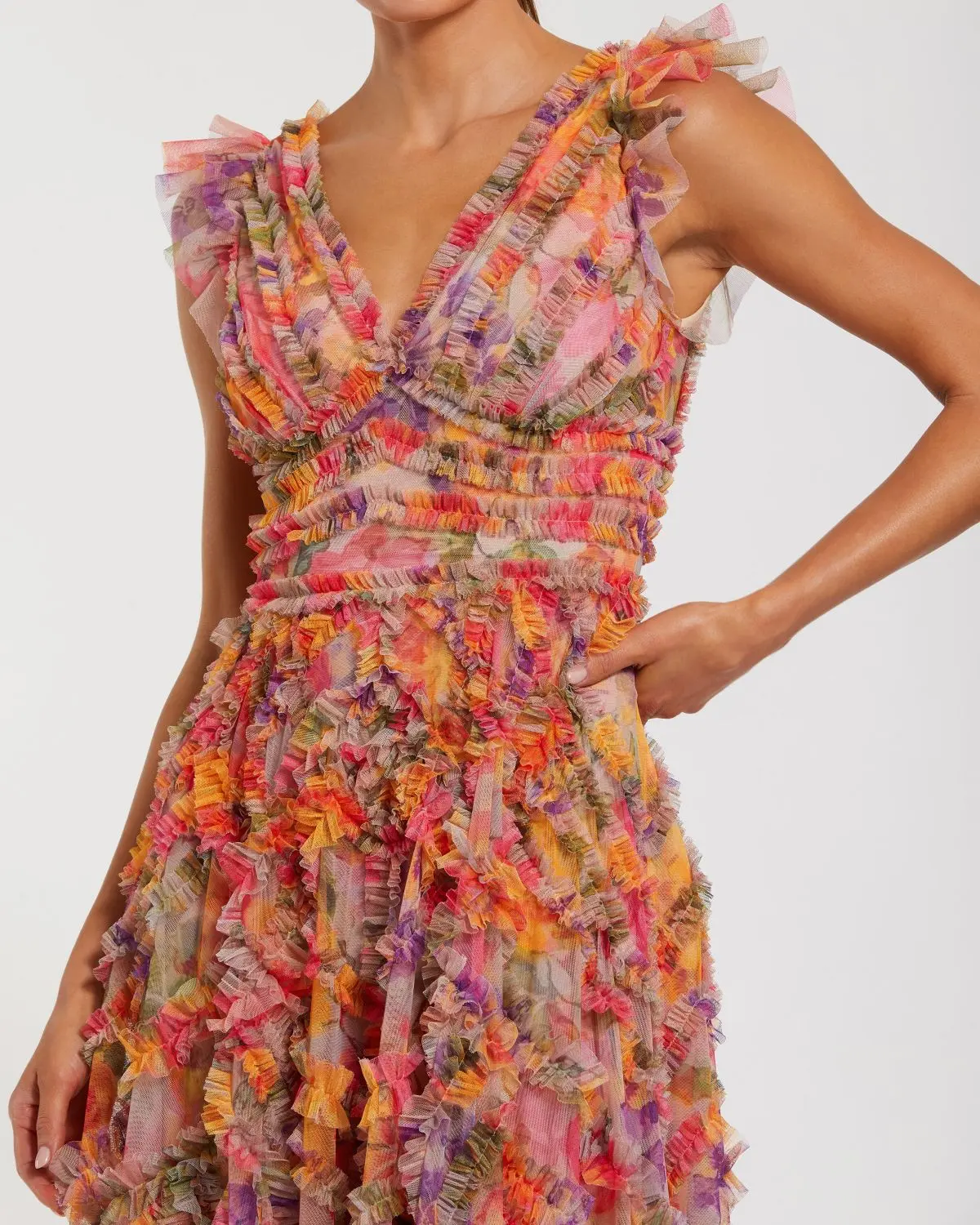 Multi Color Floral Mesh V Neck Dress