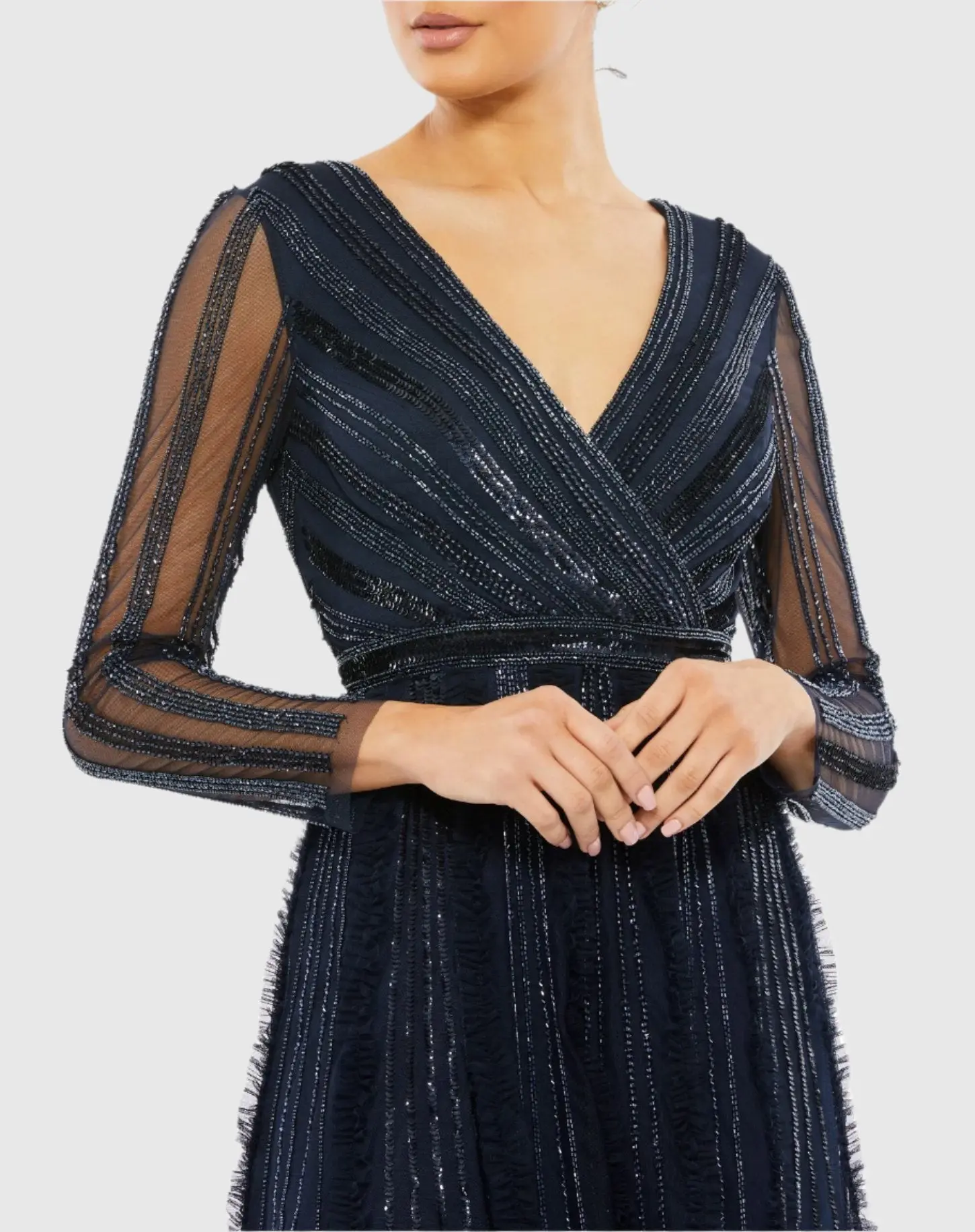 Navy Faux Wrap Illusion Long Sleeve Gown