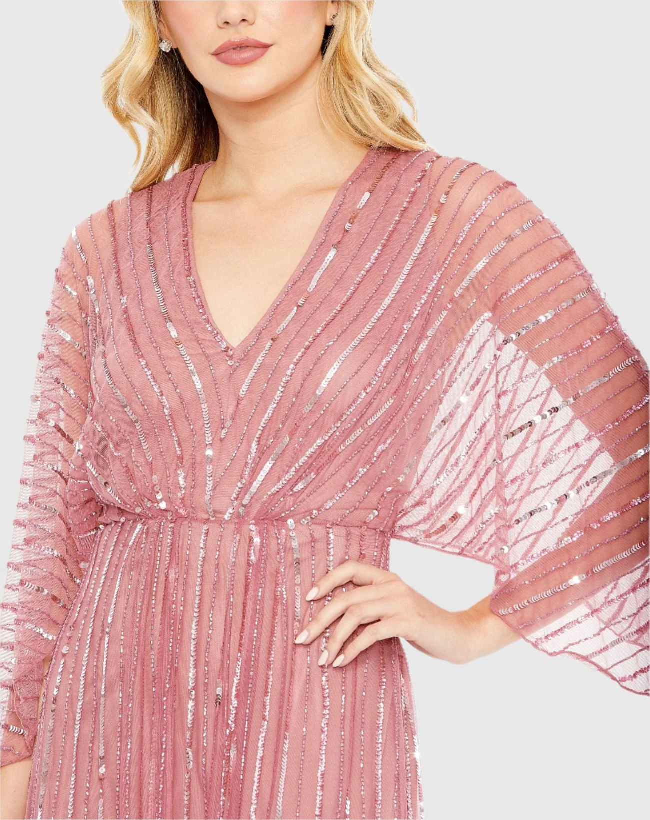 Pink Beaded Striped V Neck Gown