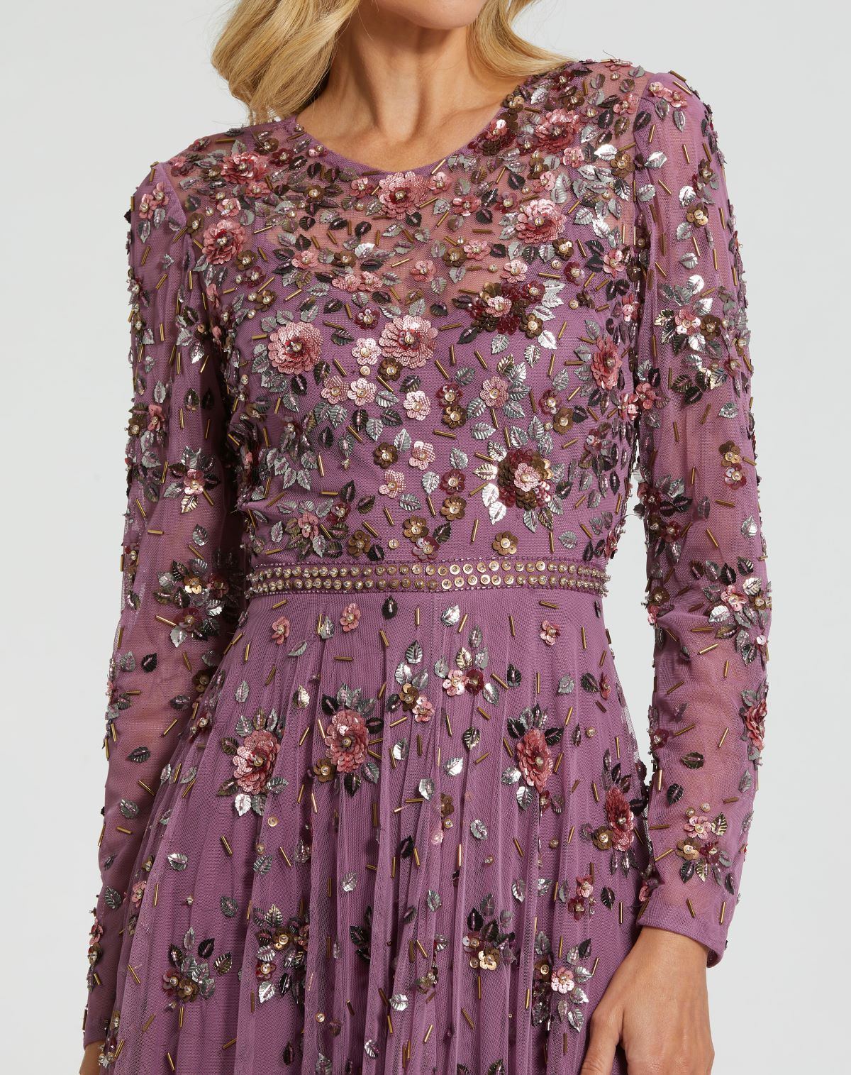 Blue Long Sleeve High Neck Beaded Dress