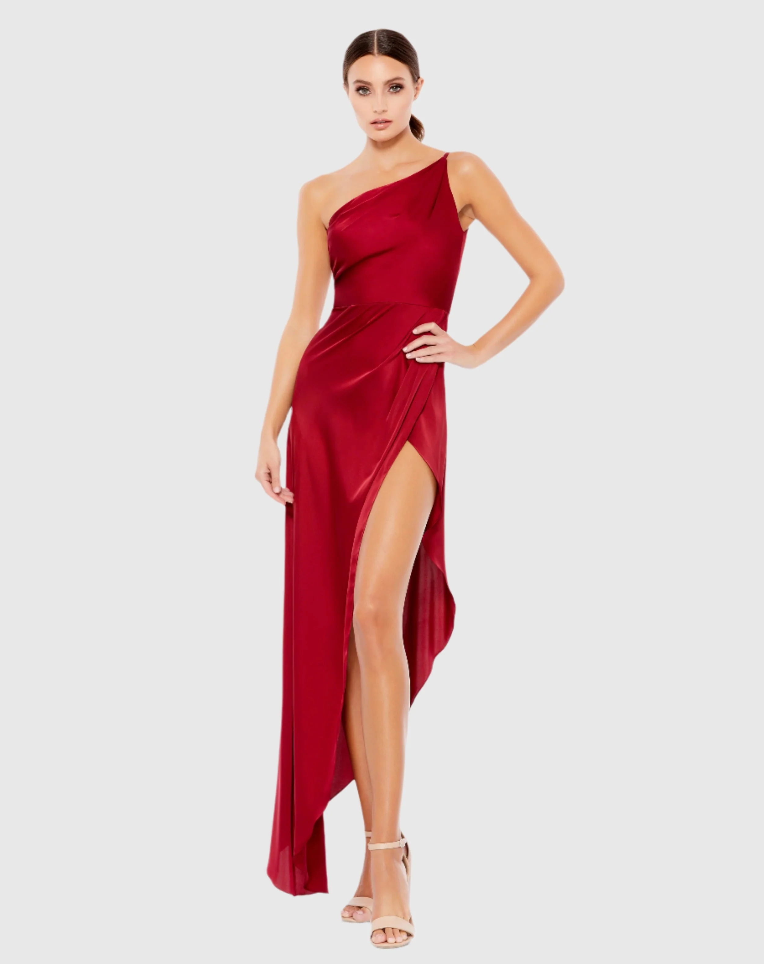 One Shoulder Hi Low Draped Charmeuse Dress