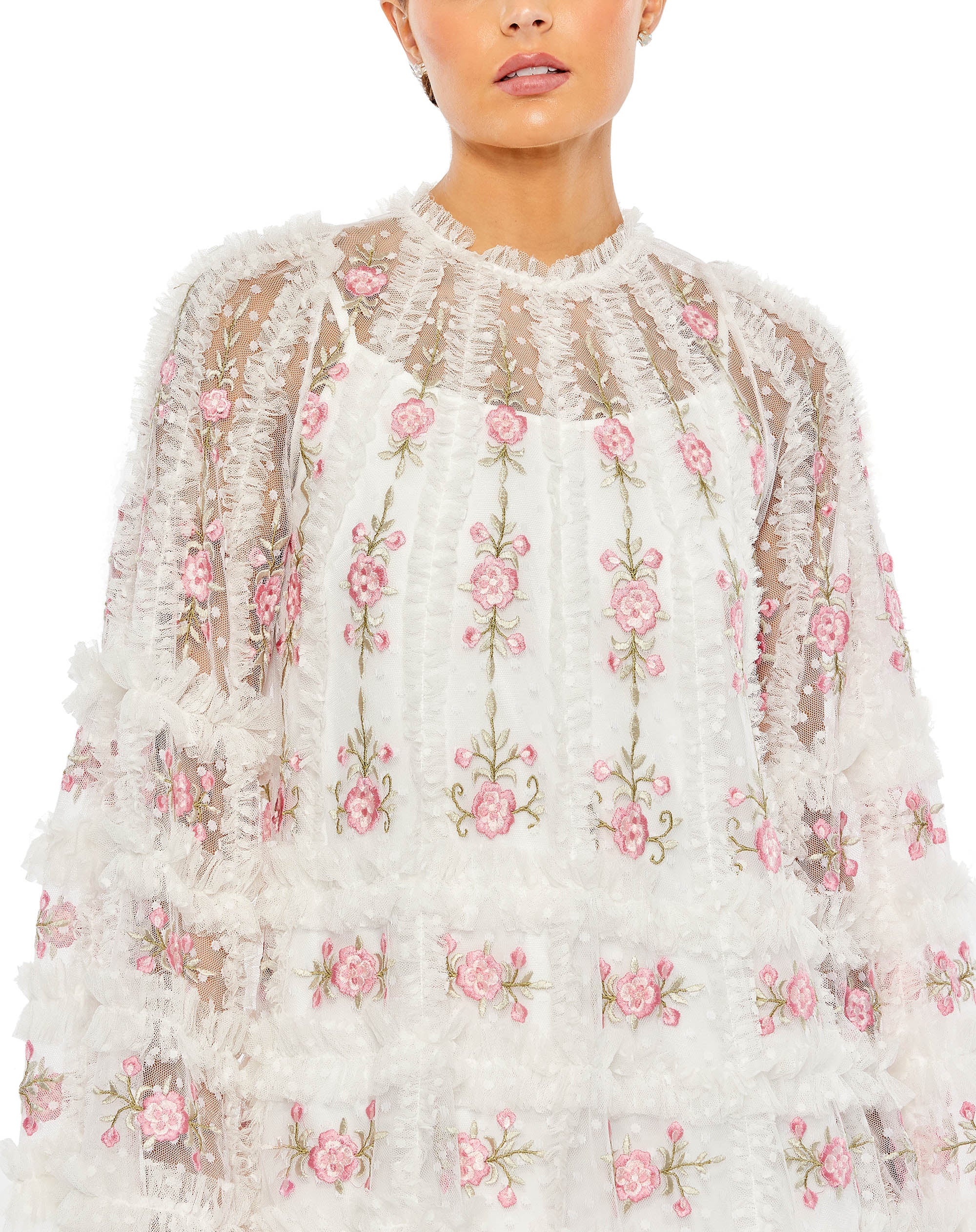 Stitched Long Flare Sleeve Net A Line Dress