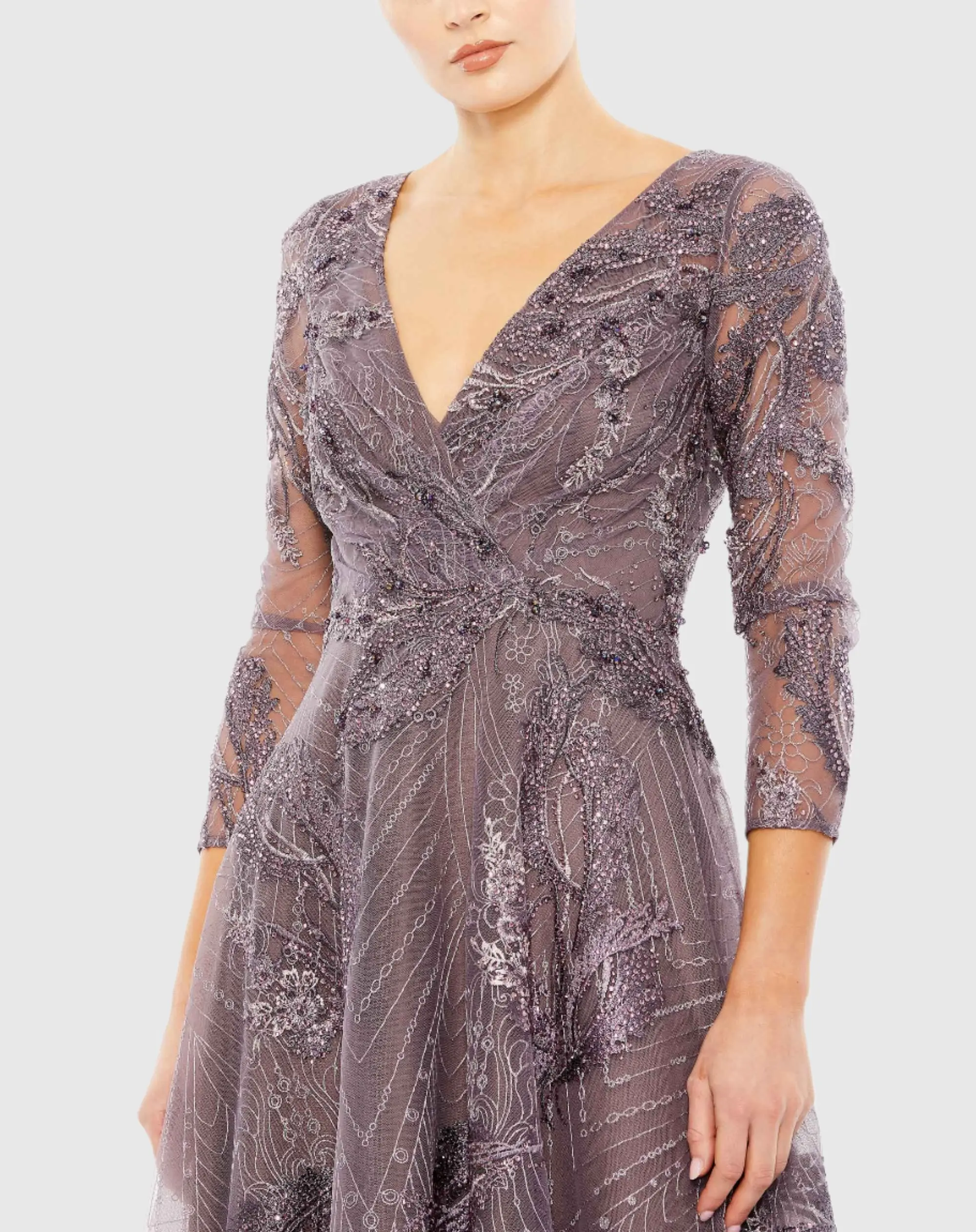 Purple Decorated Wrap Over 3/4 Sleeve Dress