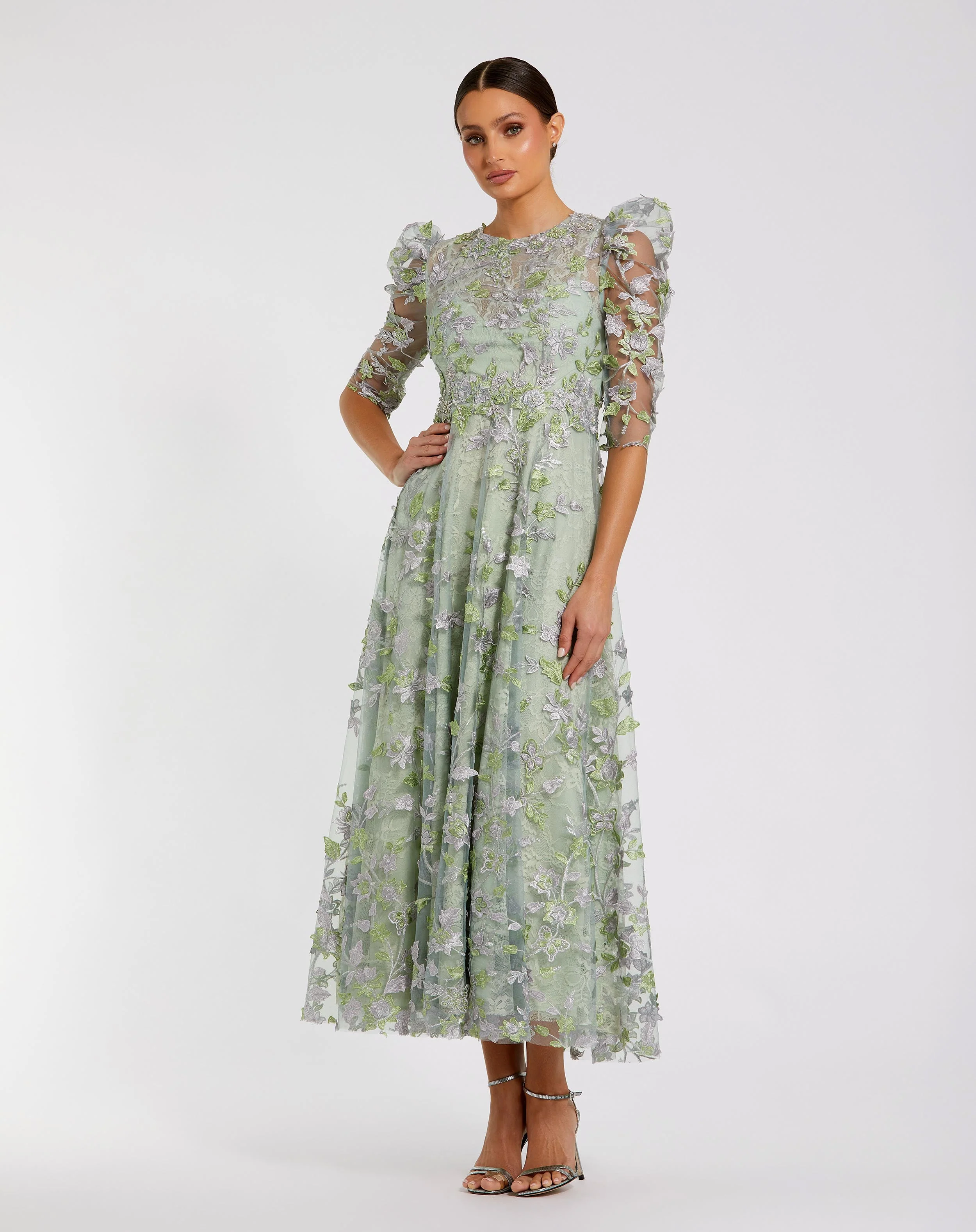 High Neck Puff Sleeve A Line Dress