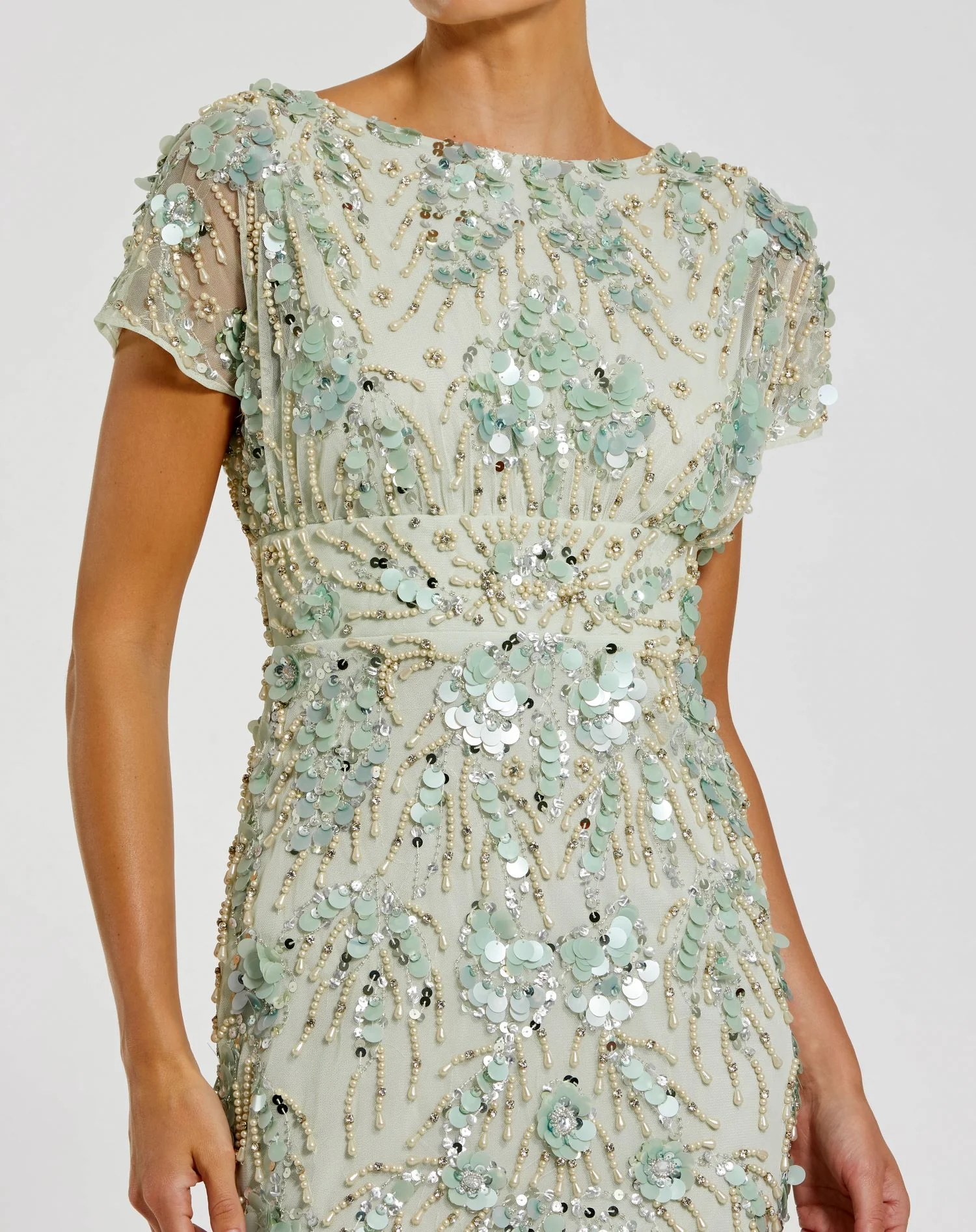 Stitched Mesh Fitted Cap Sleeve Midi Dress