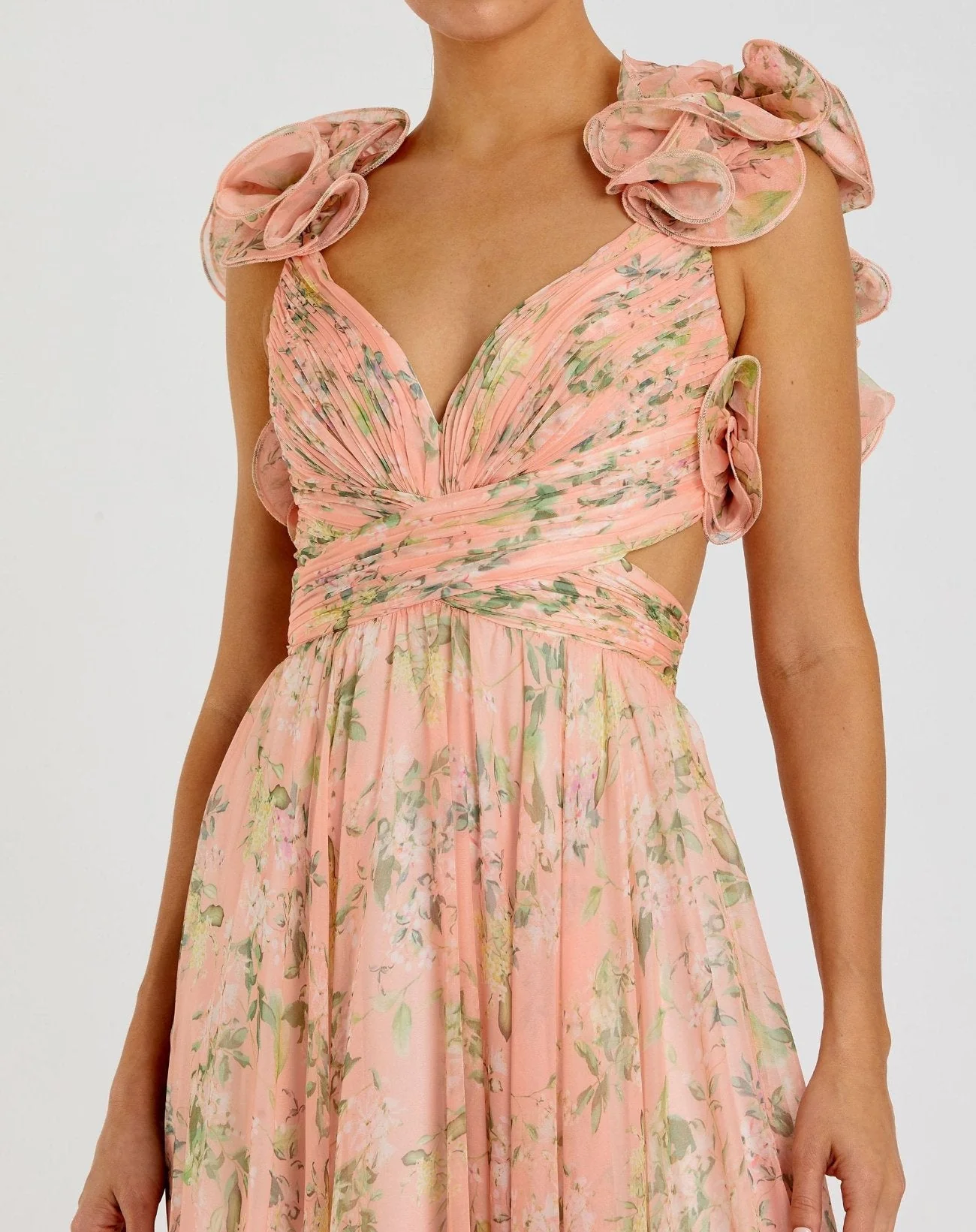 Ruffle Tiered Floral Cut Out Chiffon Gown