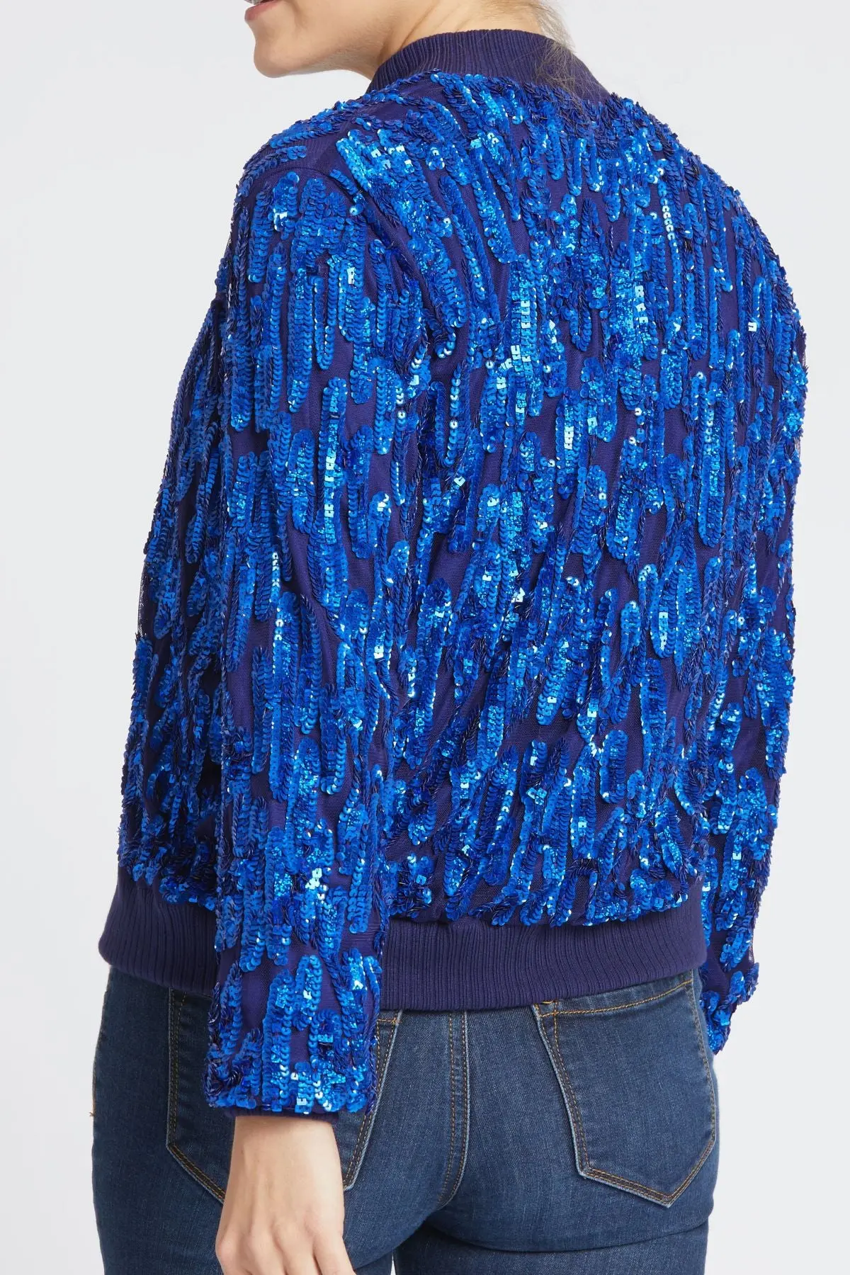 Blue Embellished Zip Up Bomber Jacket