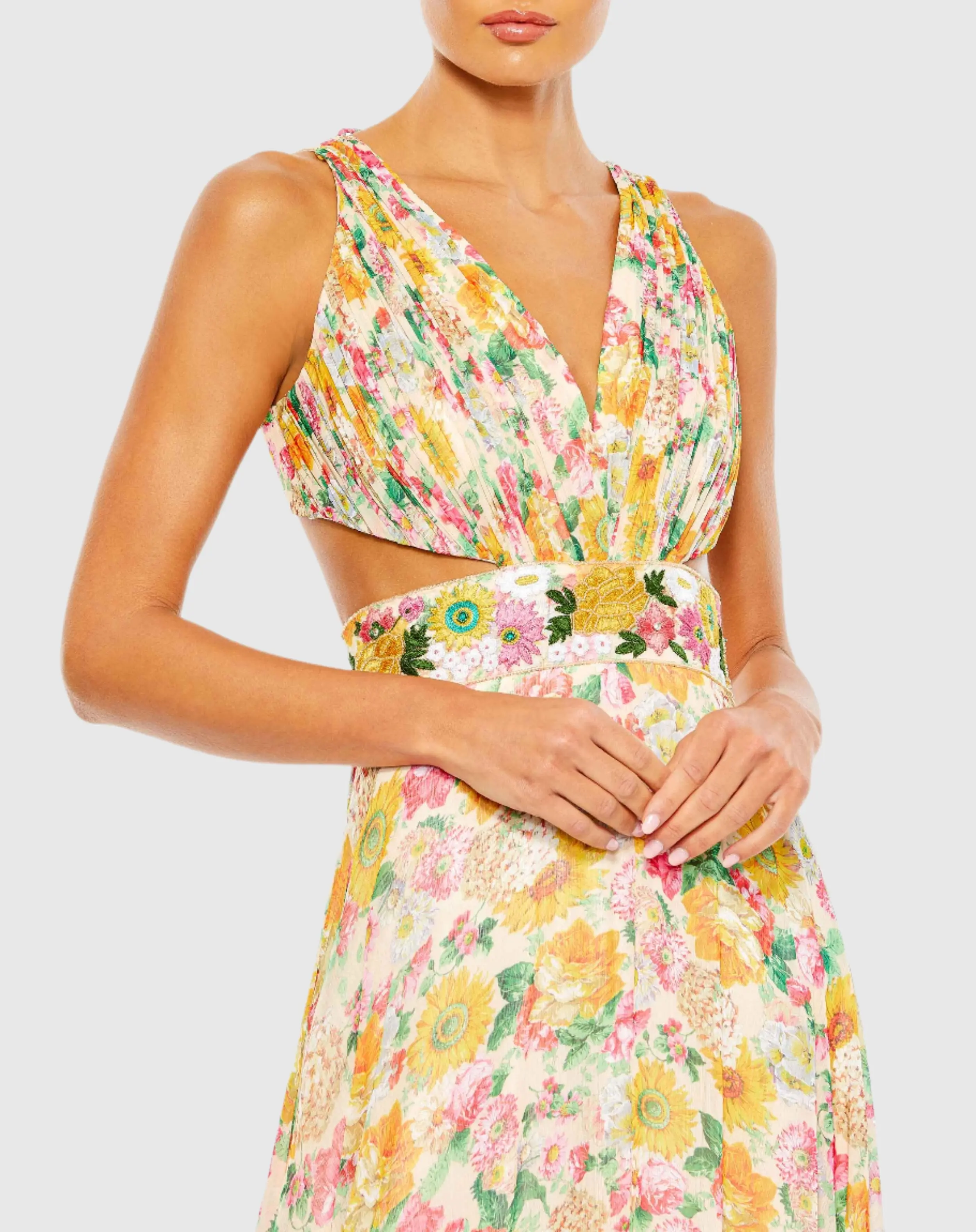 Floral Print Cut Out Lace Up Tiered Gown