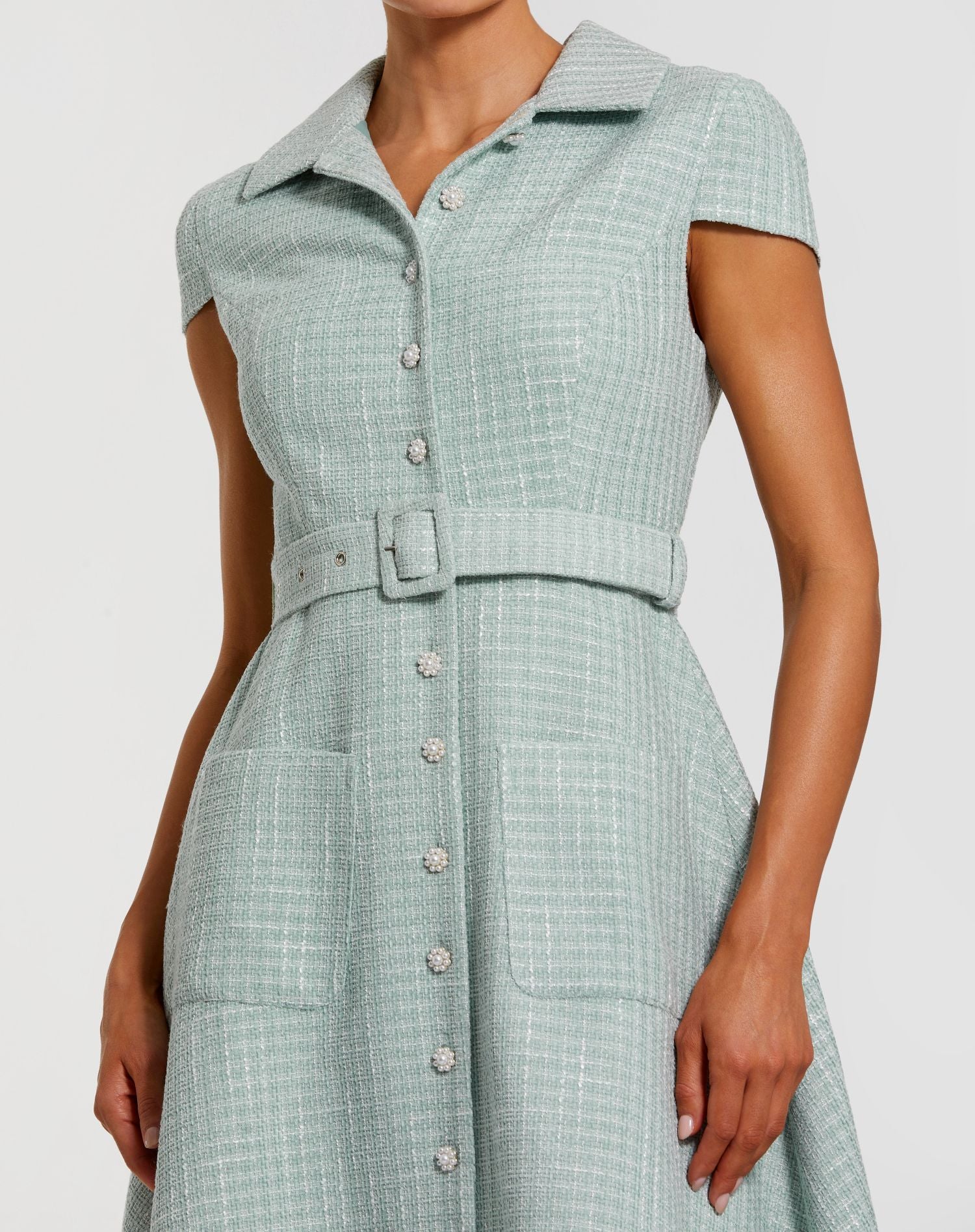 Blue Boucle Cap Sleeve Button Up Midi Dress