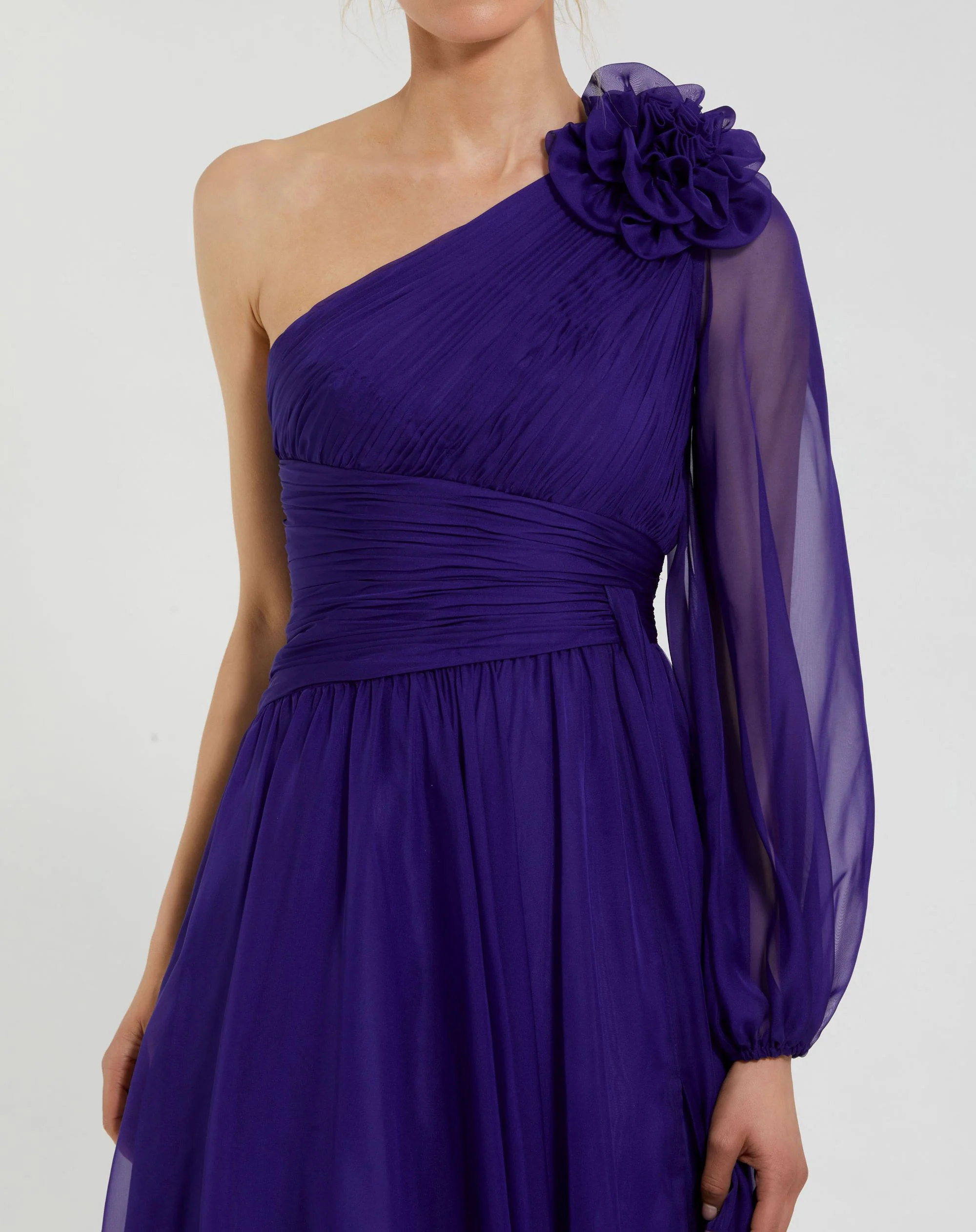 One Sleeve Ruched Chiffon Gown