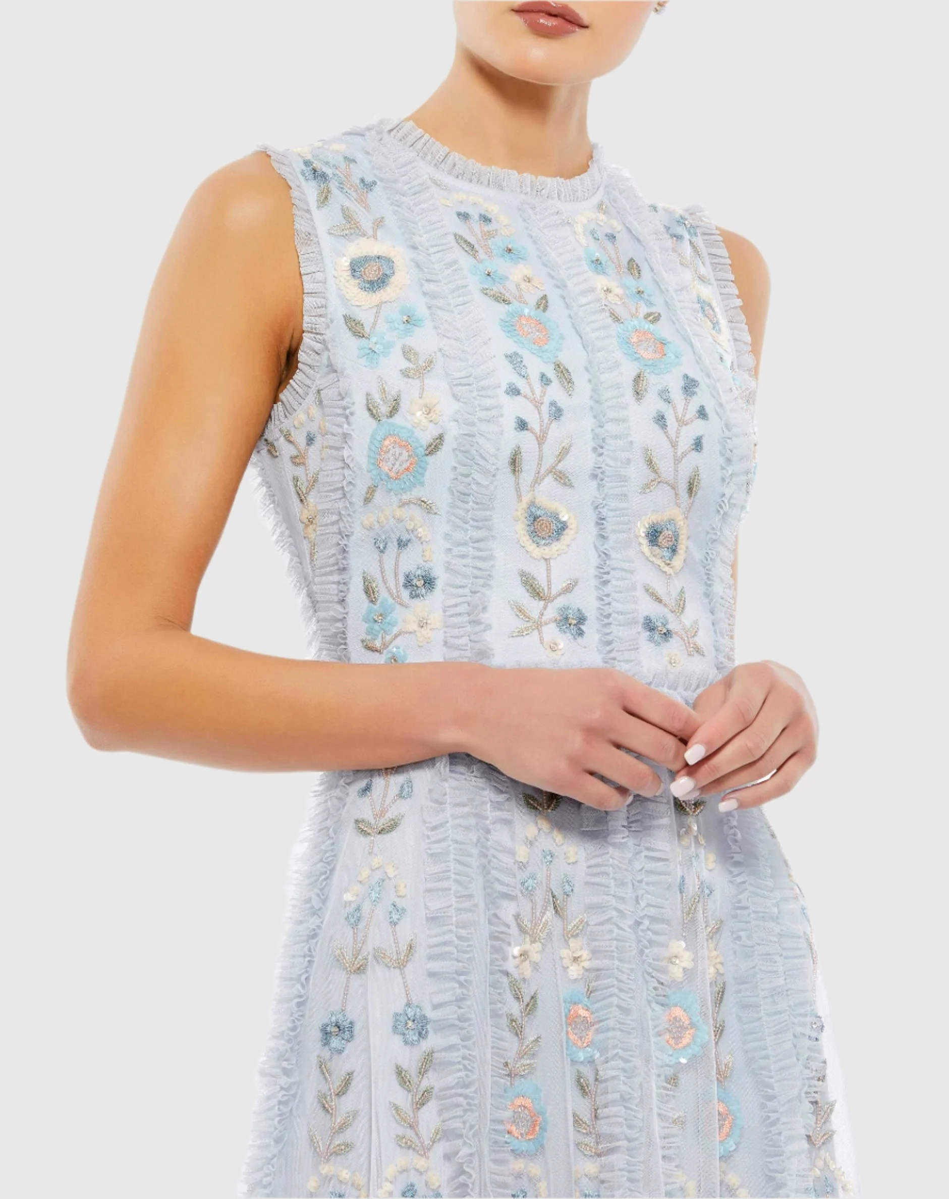 Sleeveless High Neck Embroidered Mini Dress