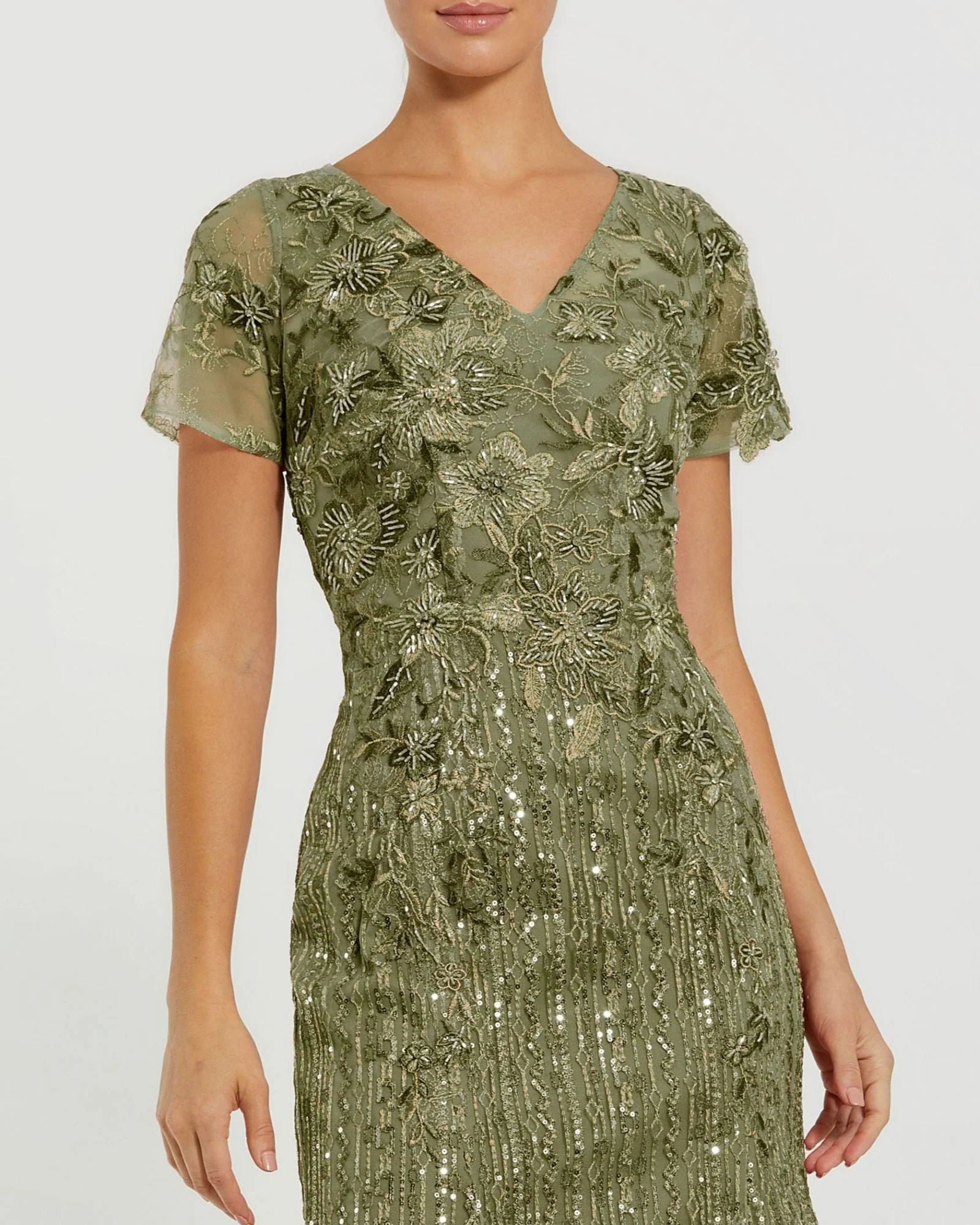 Embroidered V Neck Cap Sleeve Gown