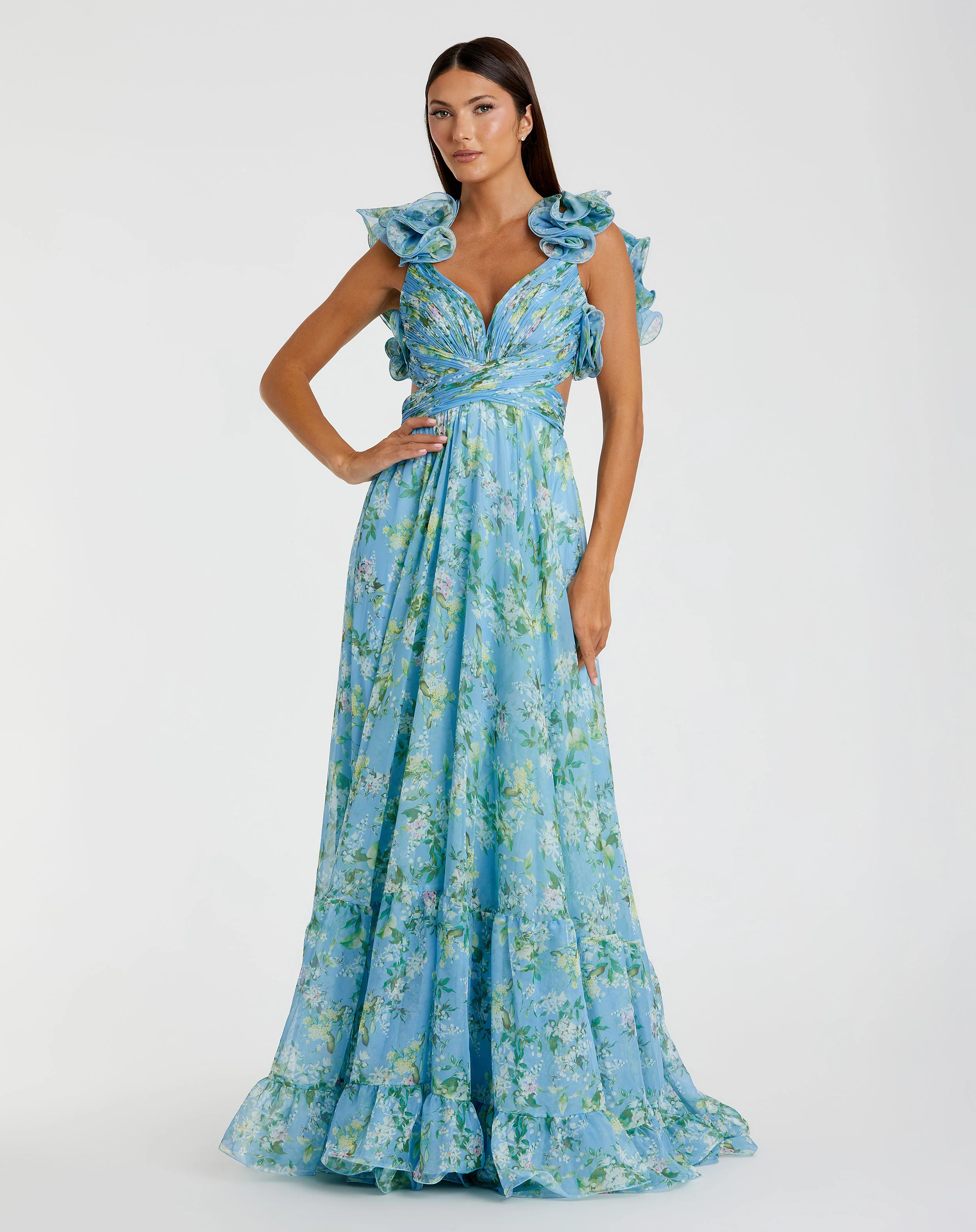 Ruffle Tiered Floral Cut Out Chiffon Gown