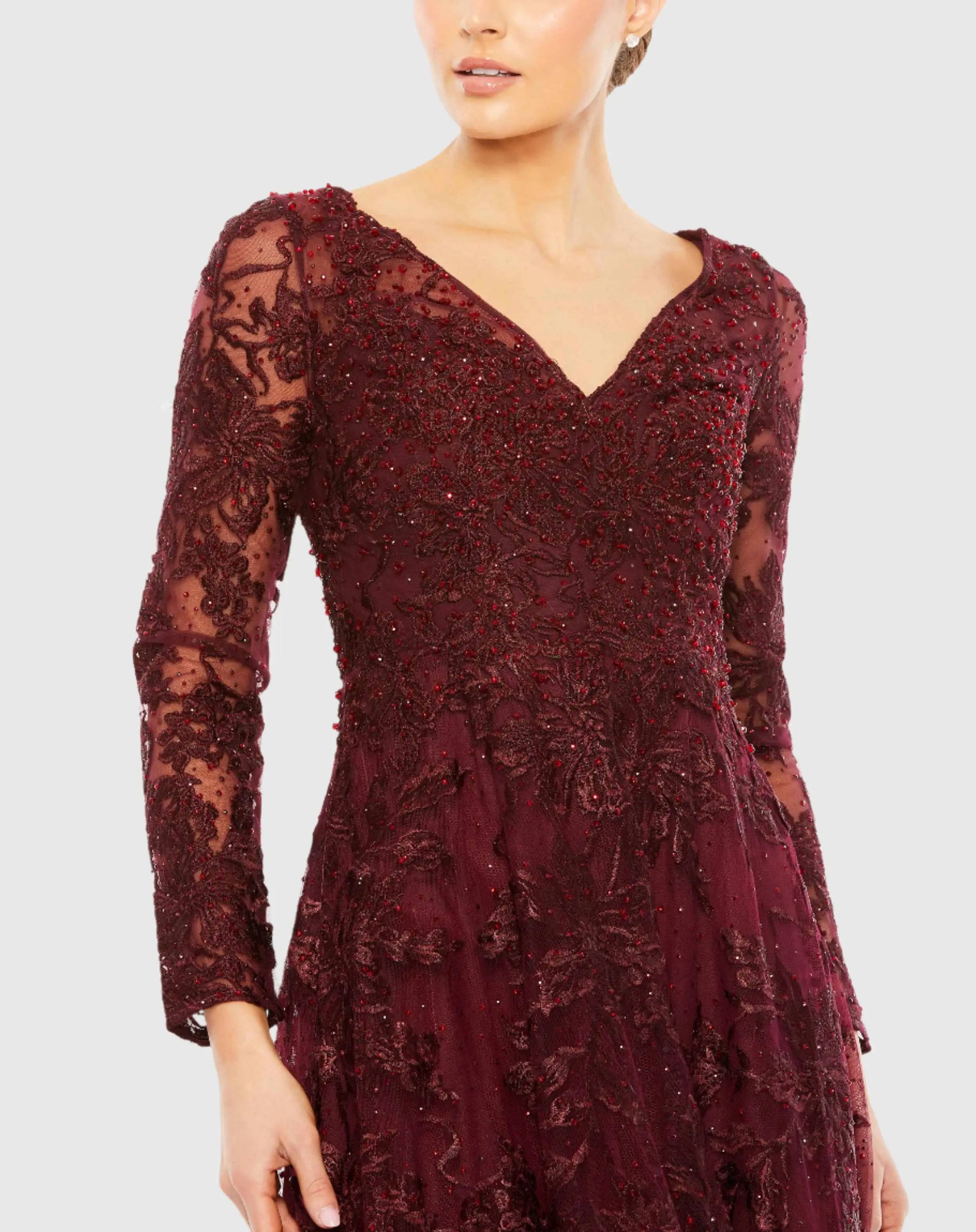 Embroidered Illusion Long Sleeve V Neck Gown
