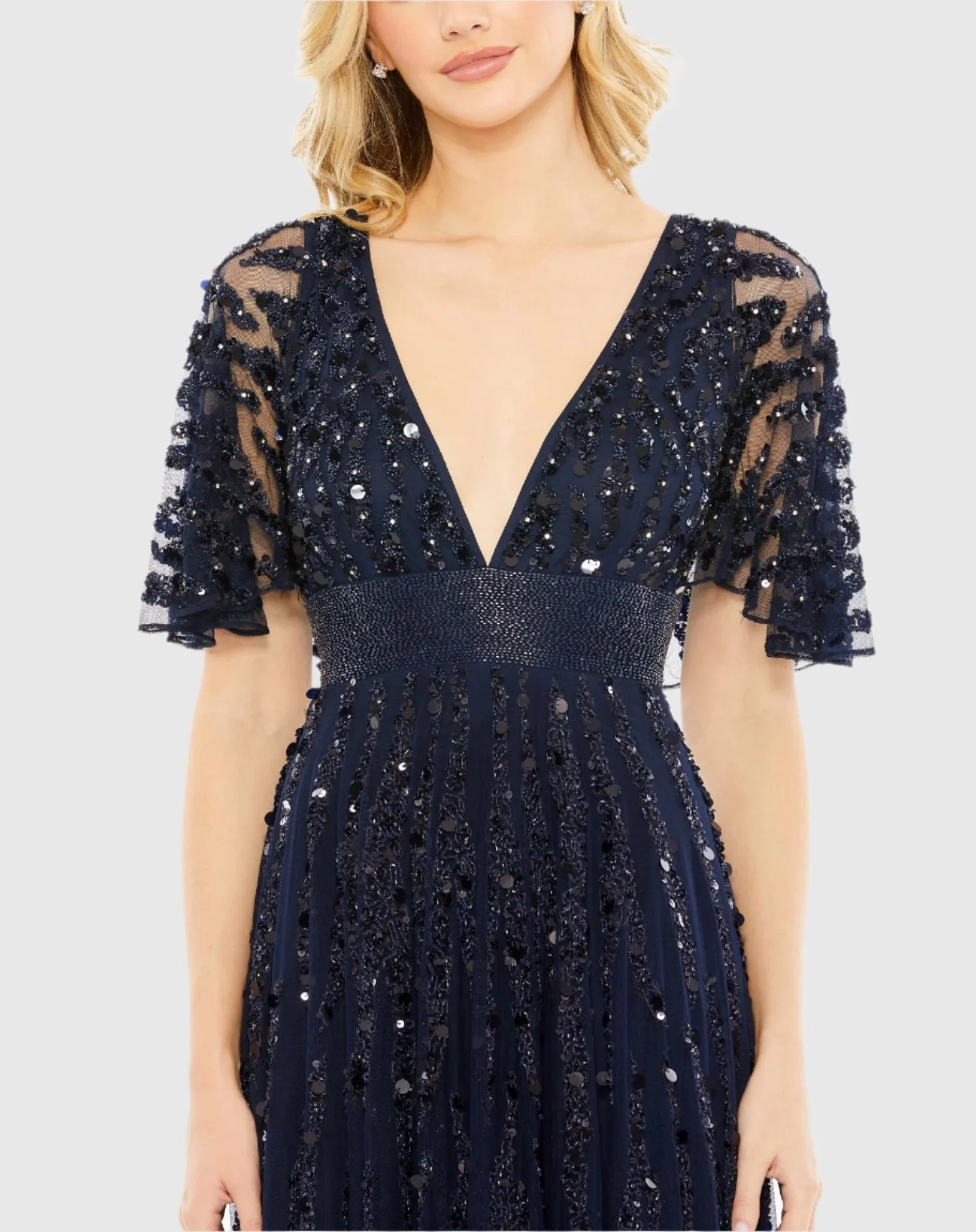 Embellished V neck Empire Waist Gown