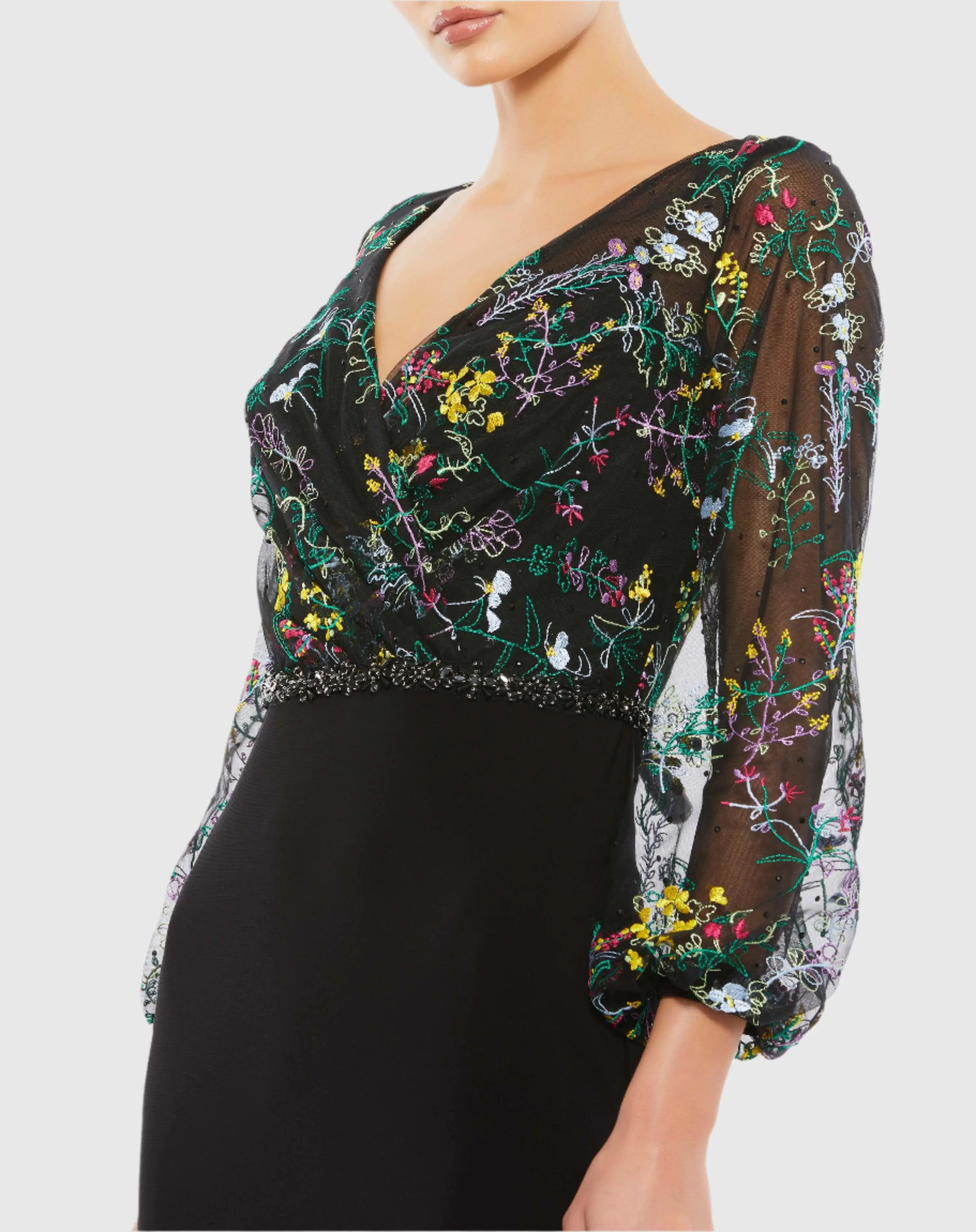Embroidered Illusion Puff Sleeve Gown