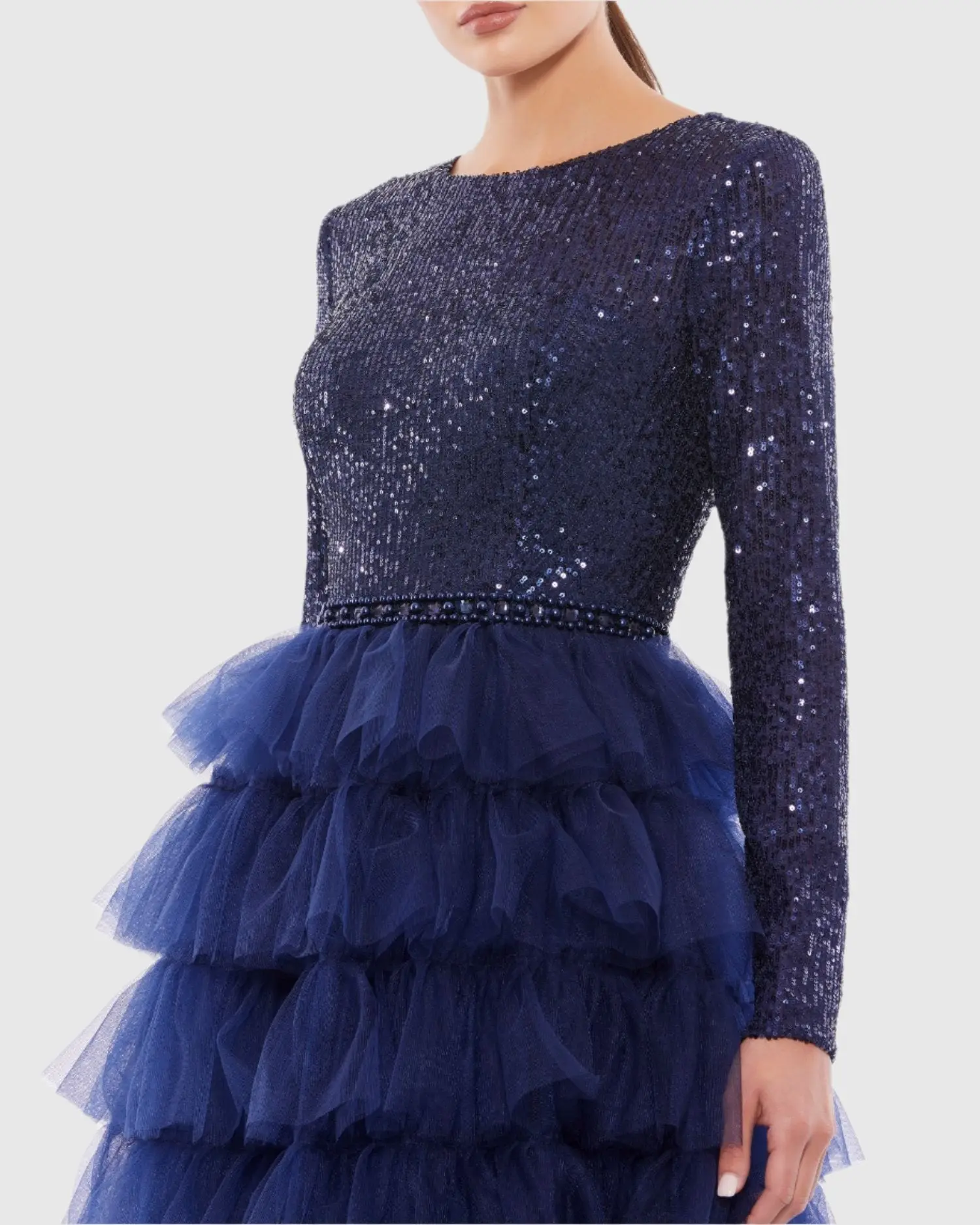 Blue Long Sleeve Ruffle Tiered Midi Dress