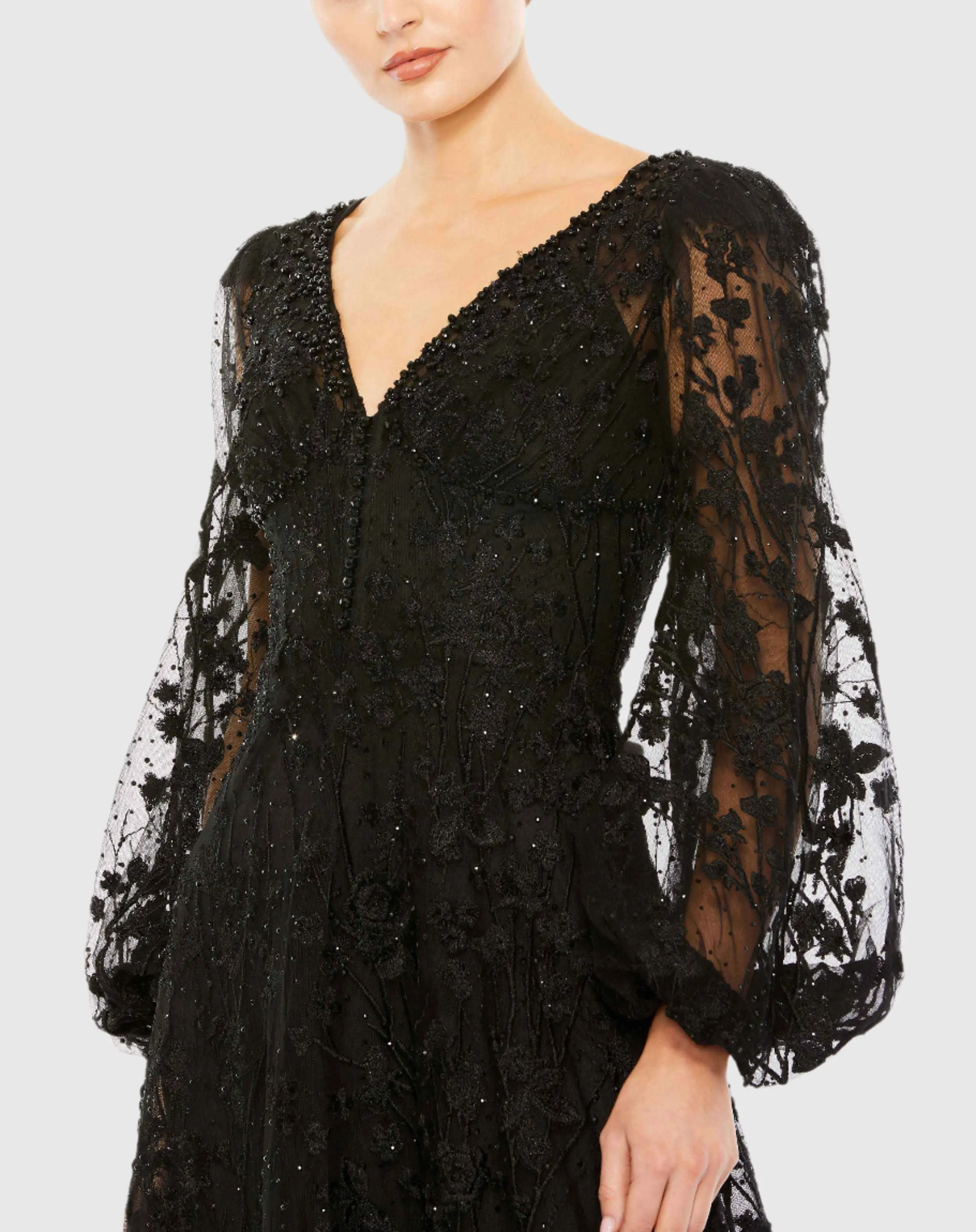 Black Puff Sleeve A Line Embroidered Gown