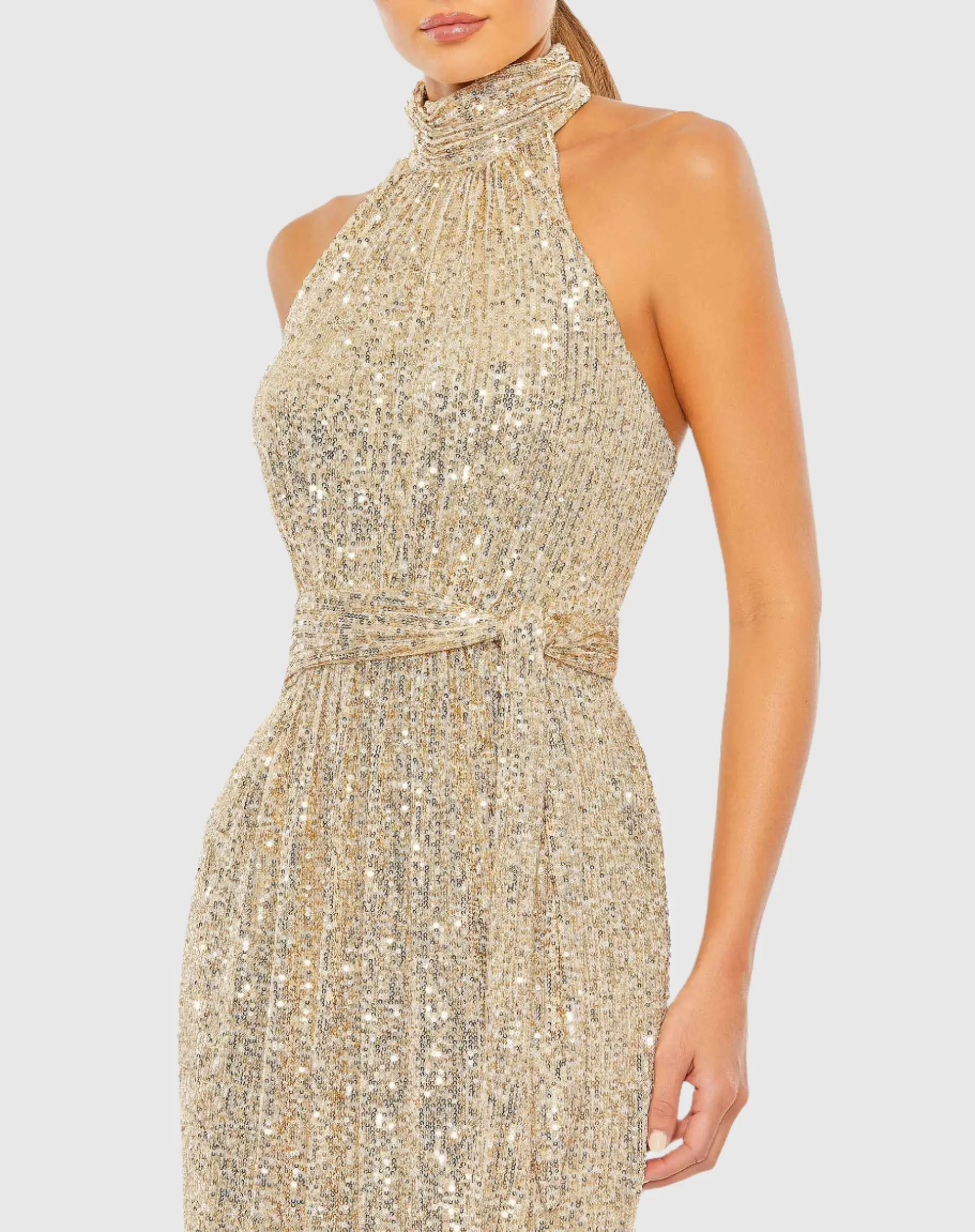 Stylish Sequin Halter Belted Dress
