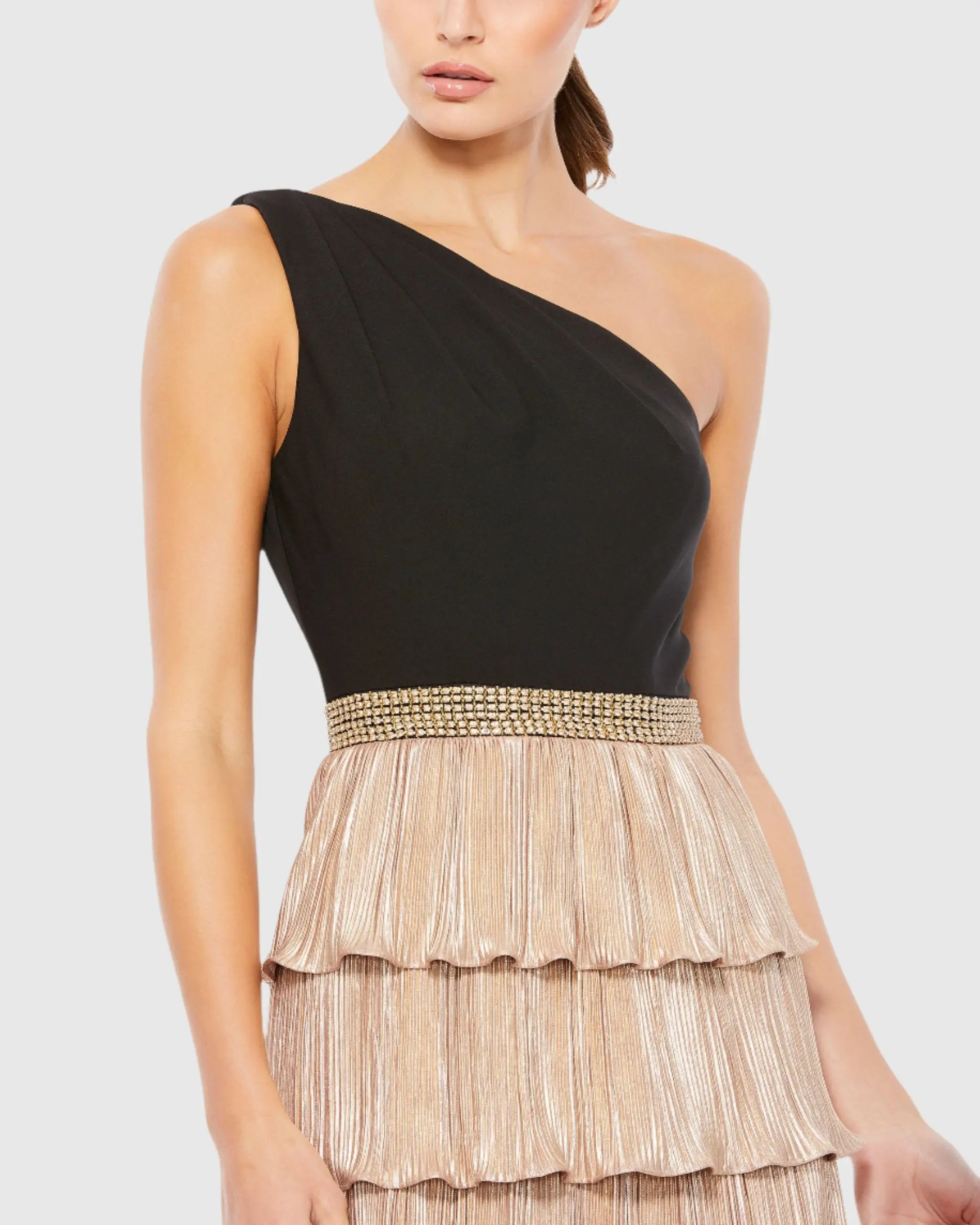 Metallic Tiered One Shoulder Dress