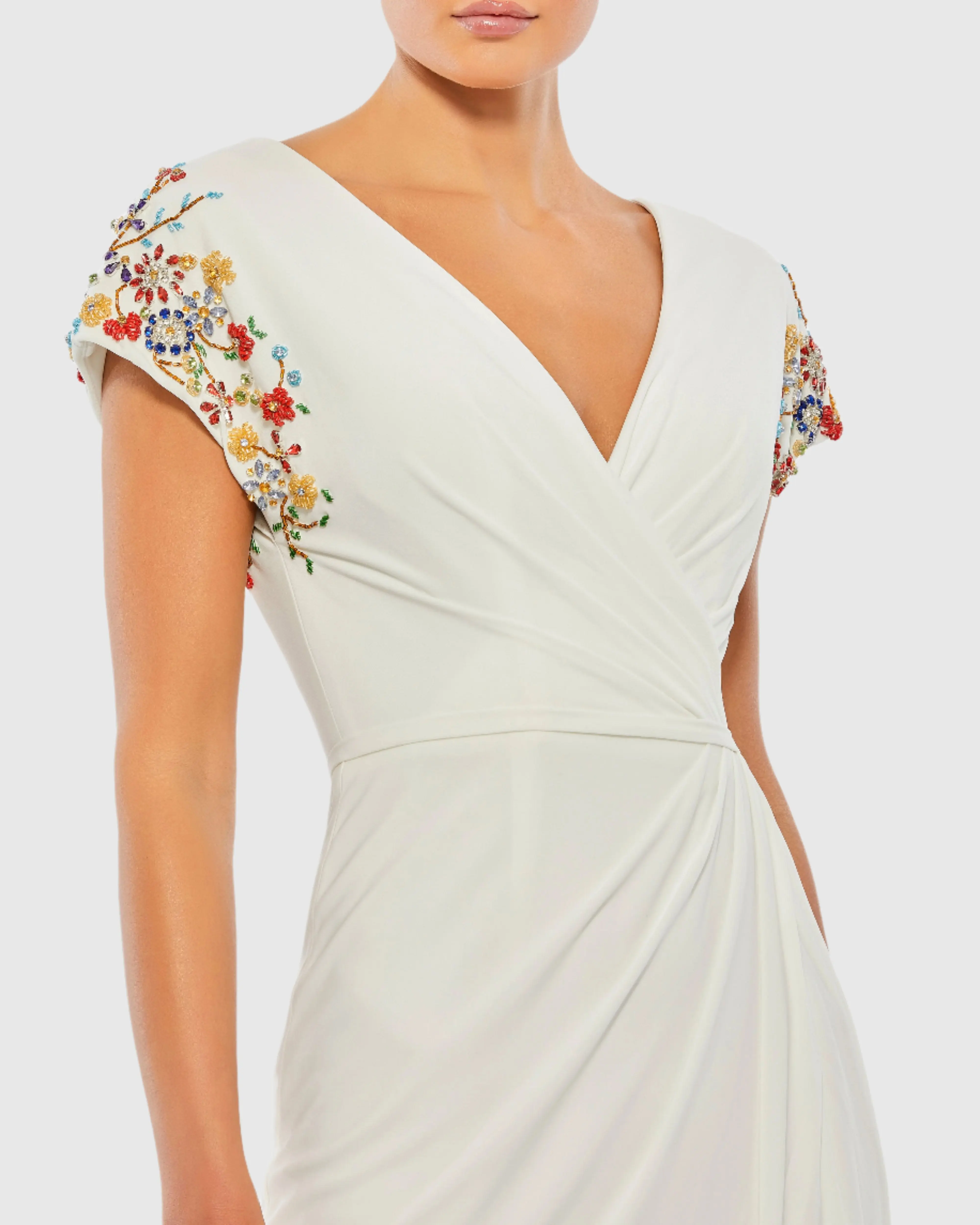 White Embellished Sleeve Jersey Wrap Gown